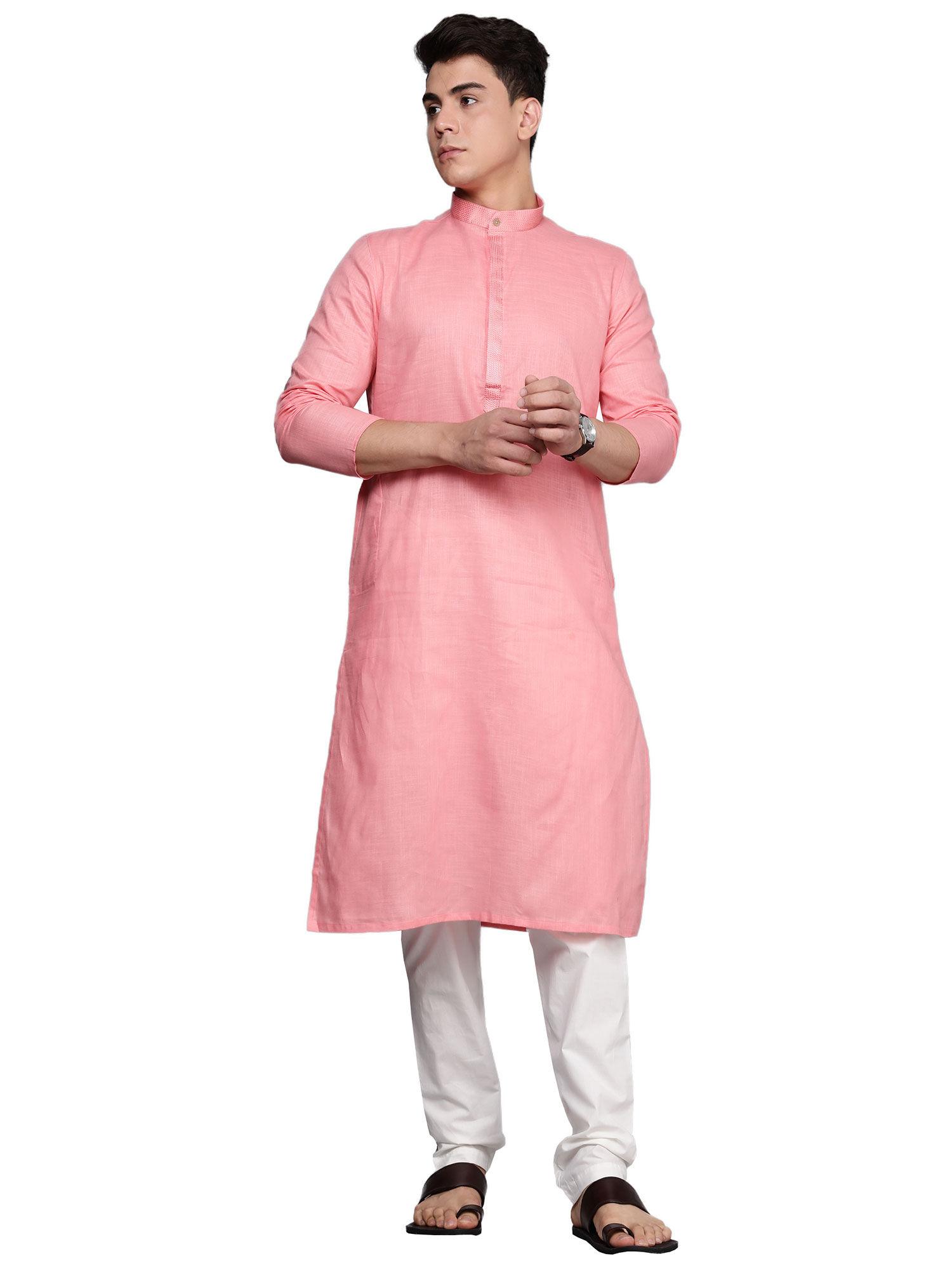 mens blended cotton solid kurta pencil pant (pink) (set of 2)