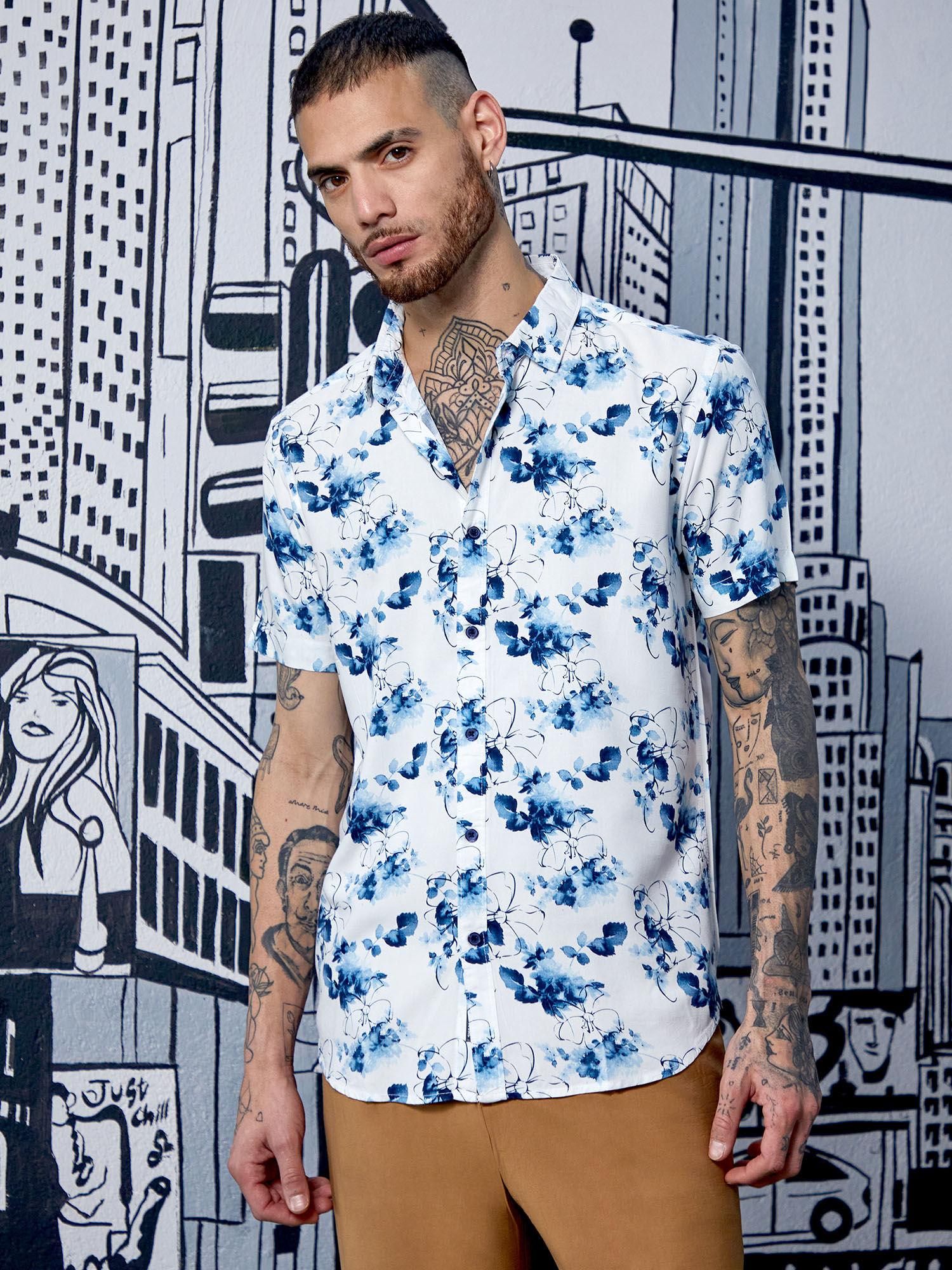 mens blue & white botanical strokes shirt