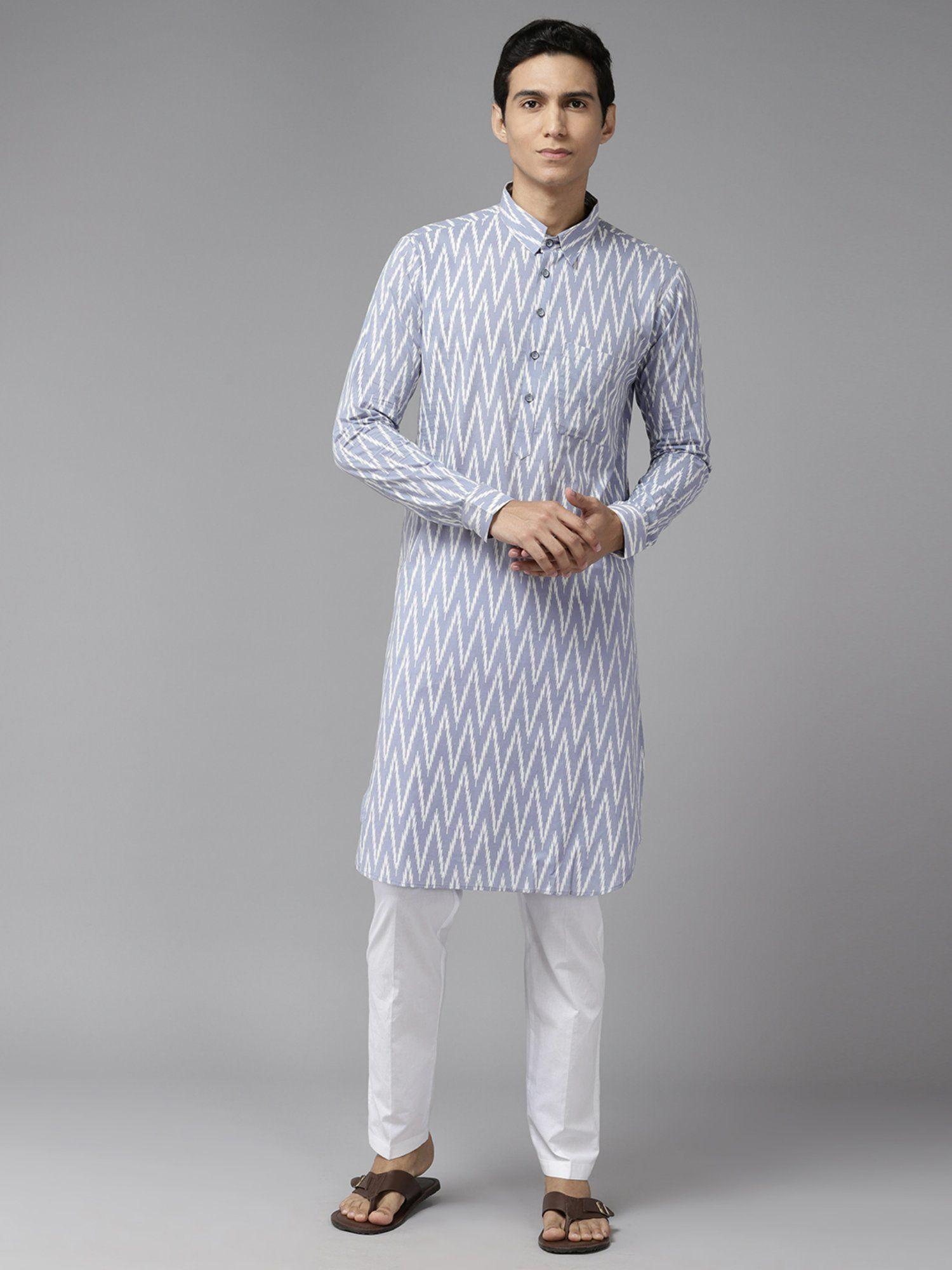 mens blue & white pure cotton printed straight kurta with pyjama (set of 2)