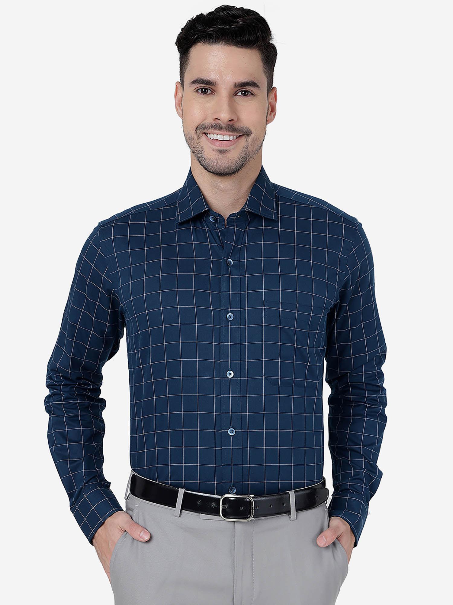 mens blue 100% cotton slim fit checked formal shirt