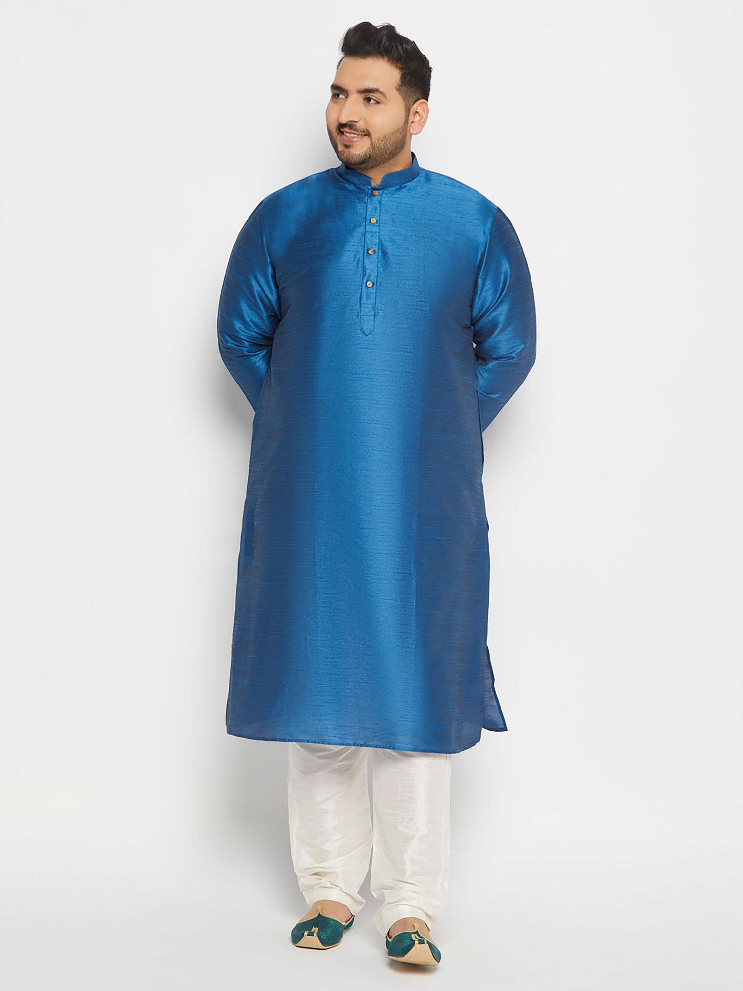 mens blue and cream silk blend kurta pyjama (set of 2)