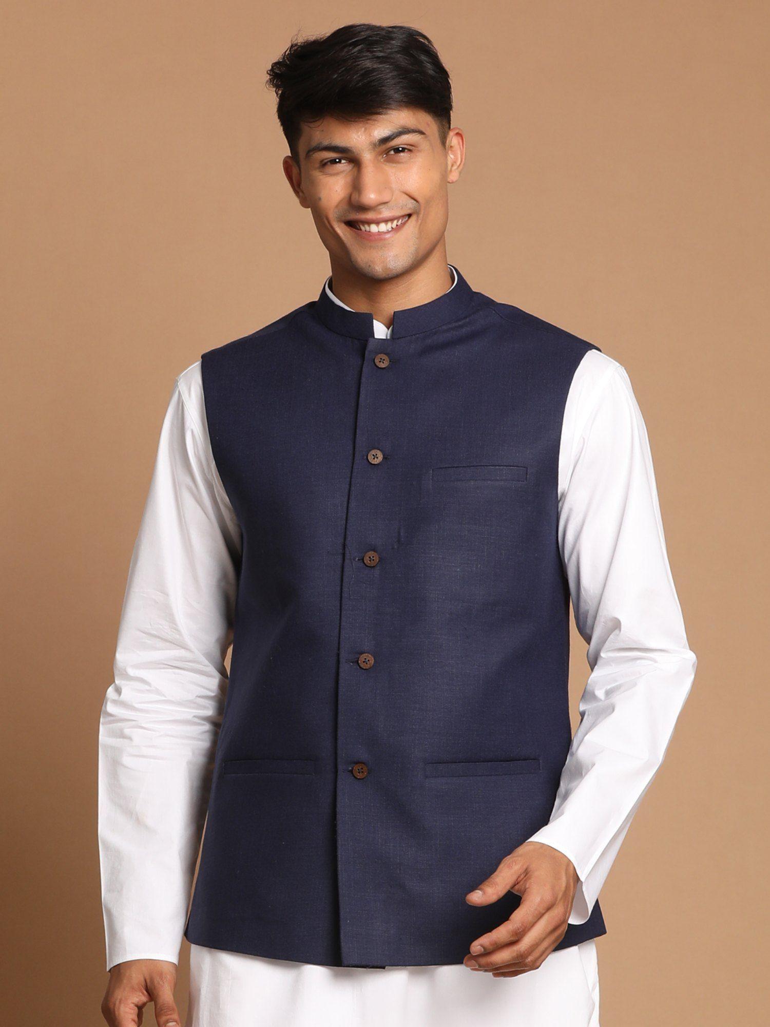 mens blue and white cotton nehru jacket