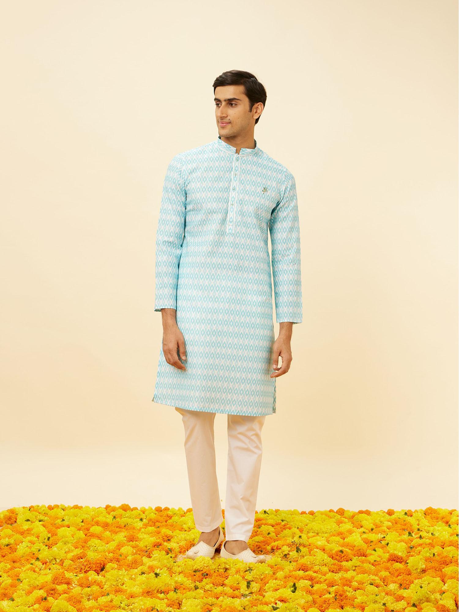 mens blue blended cotton kurta pyjama (set of 2)