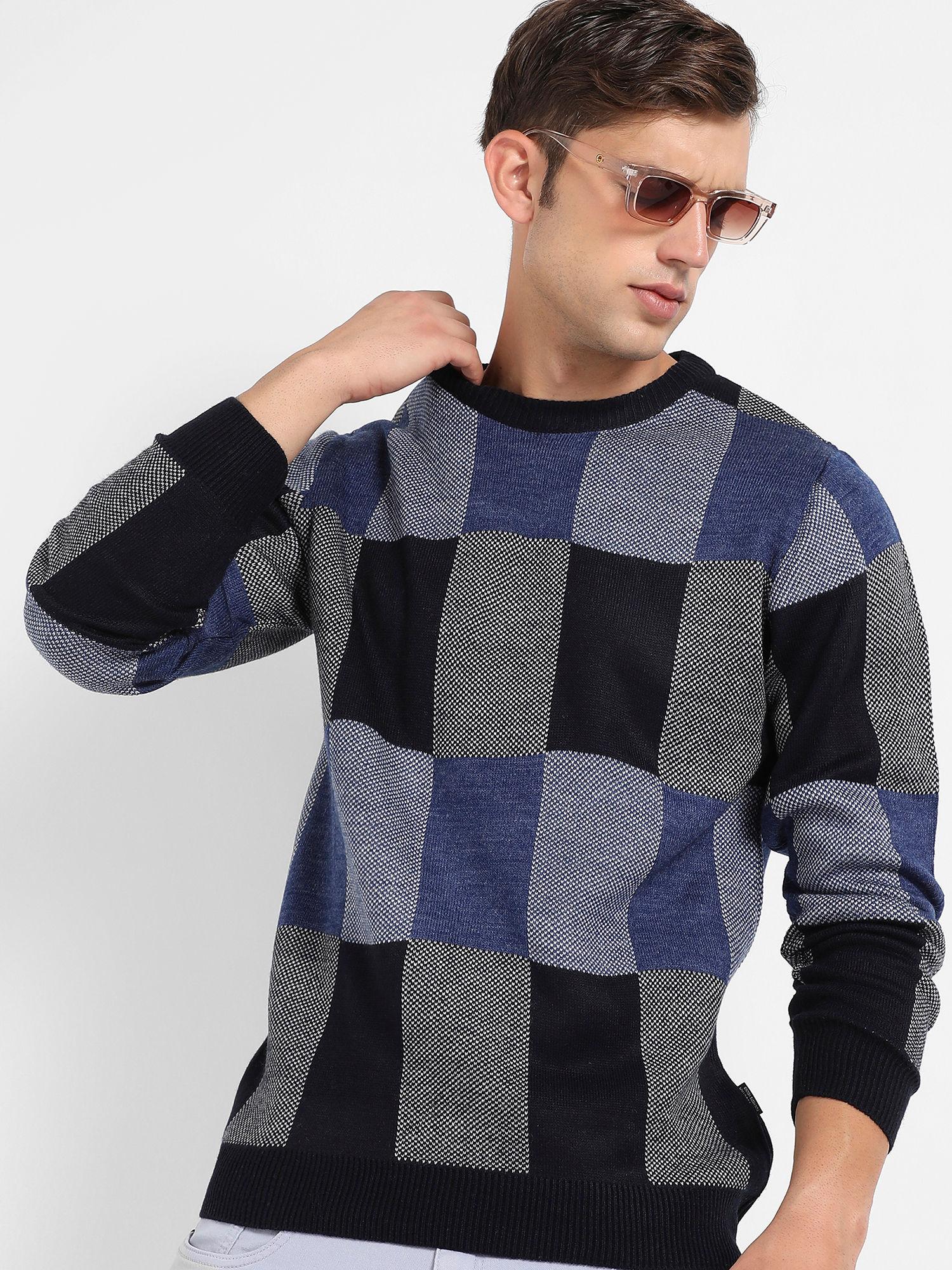 mens blue block check pullover sweater