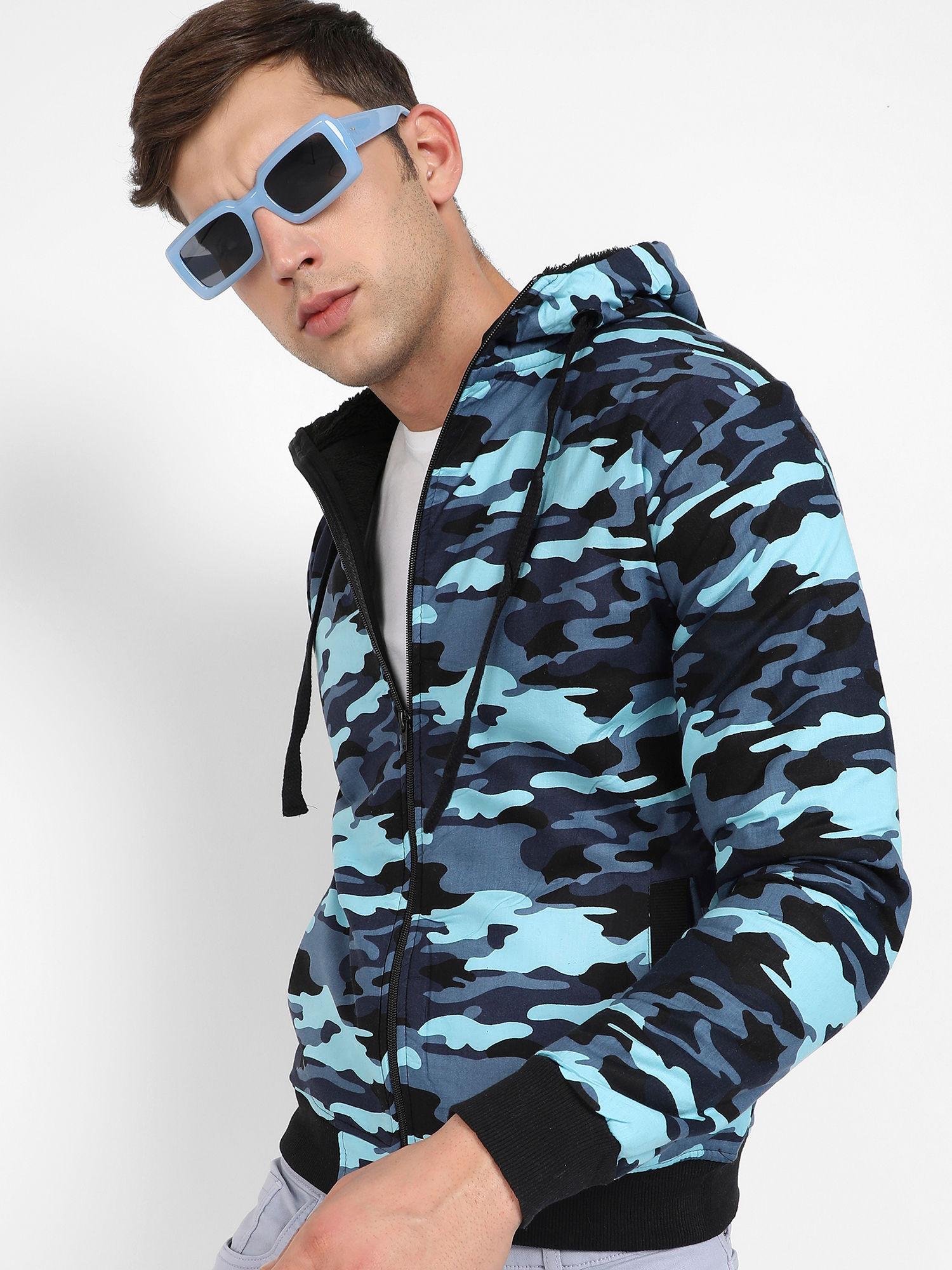 mens blue camouflage hoodie with insert pocket