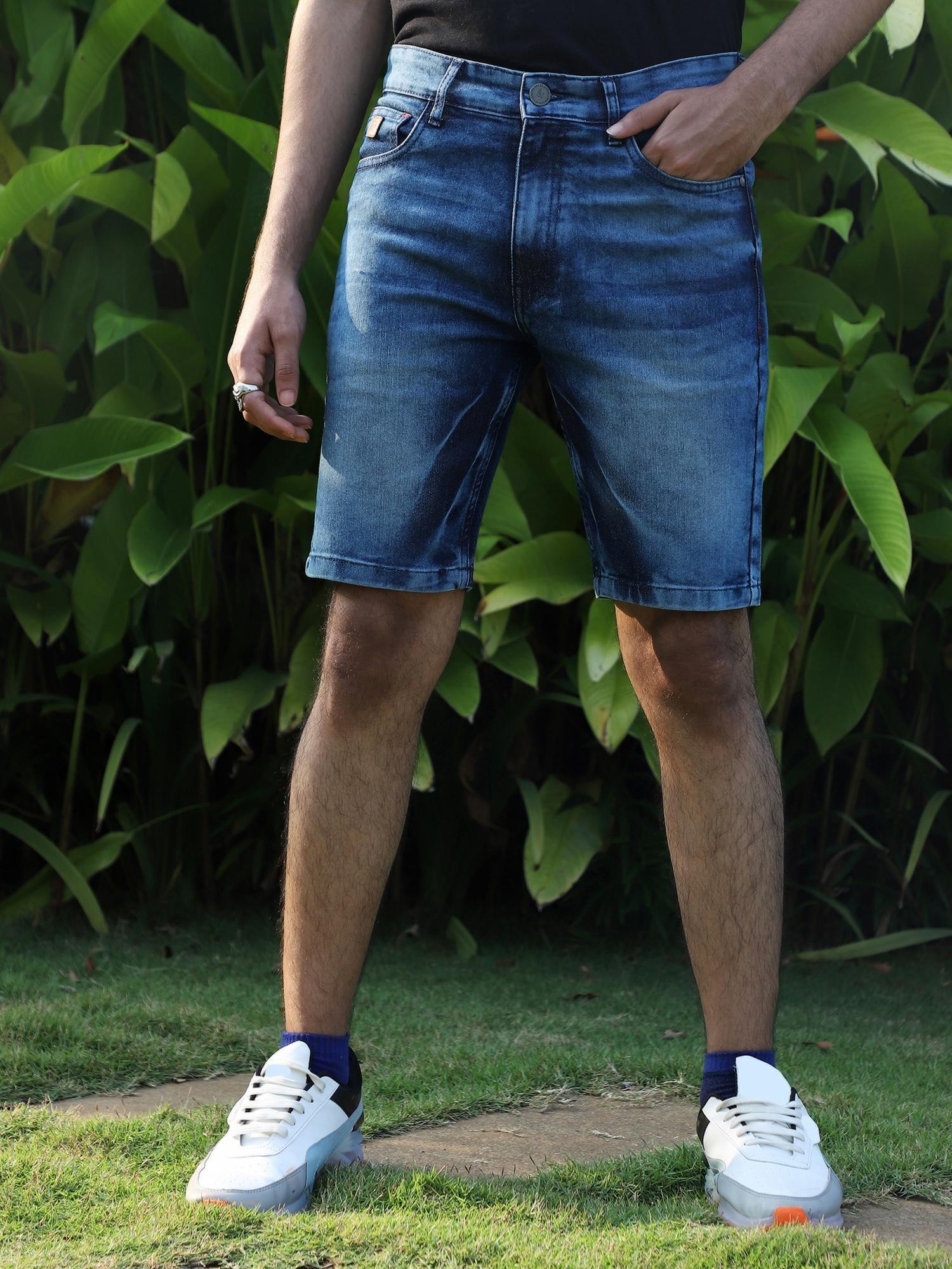 mens blue contrast wash denim shorts