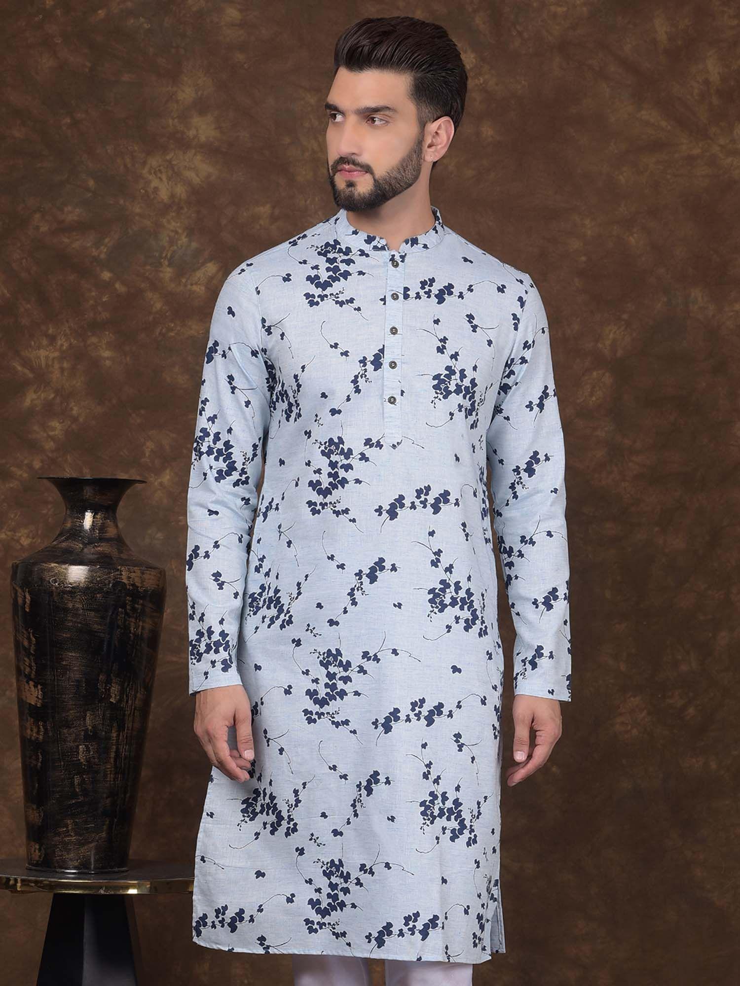 mens blue cotton mandarin collar floral kurta