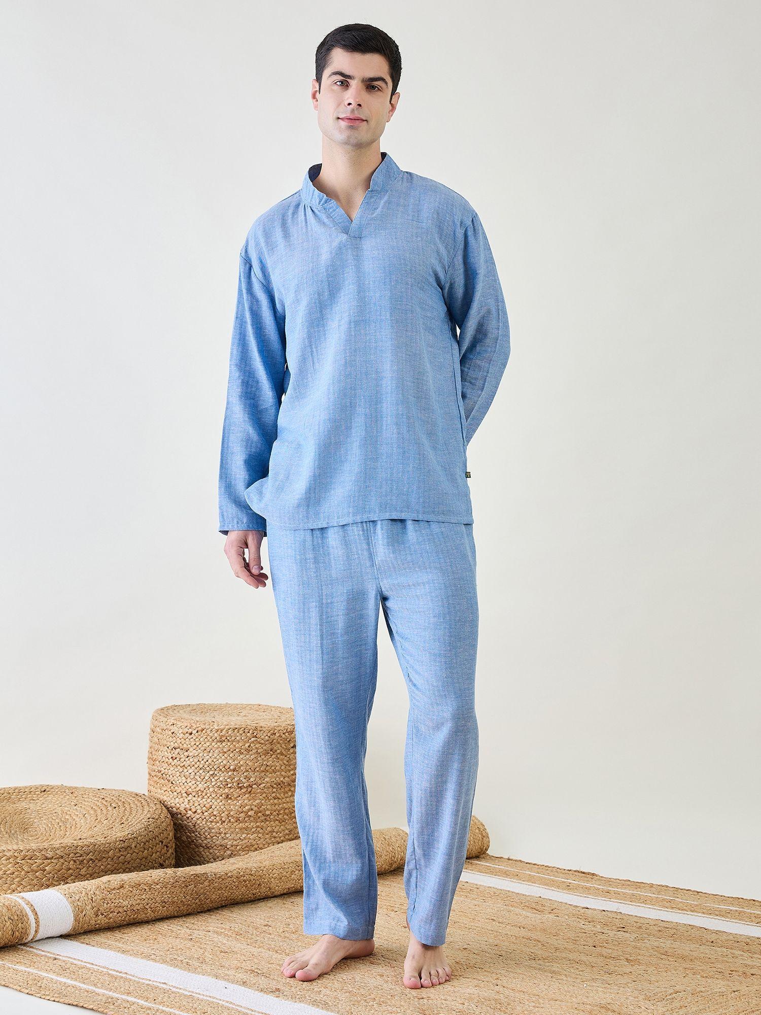 mens blue cotton top and pyjama (set of 2)