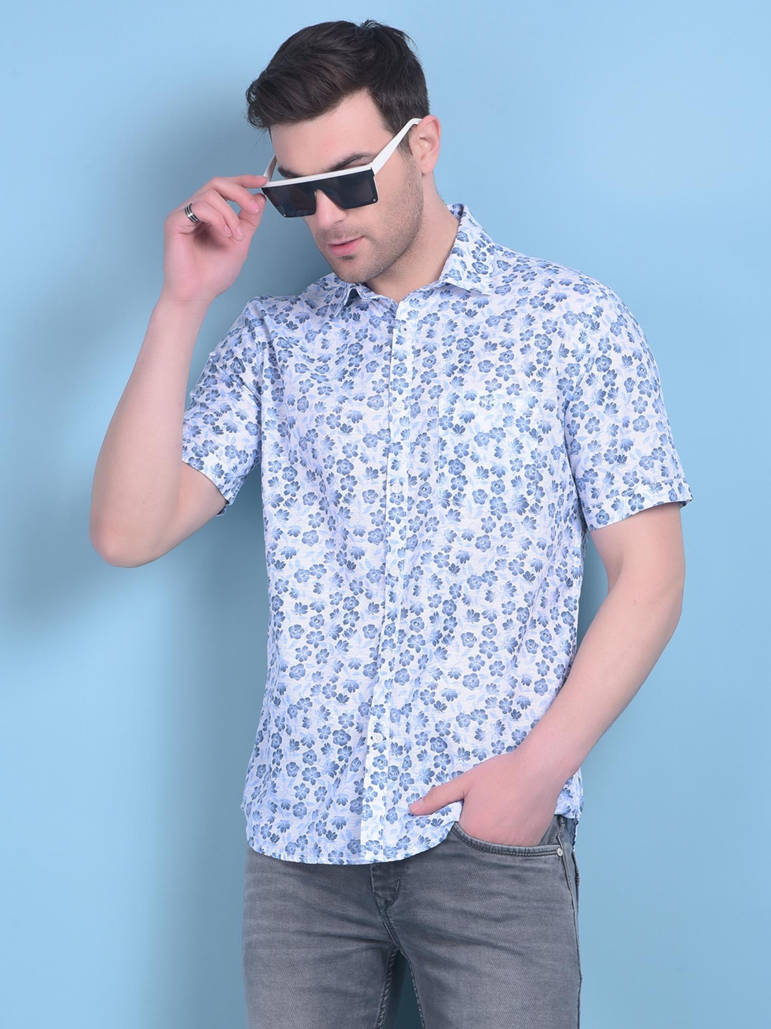 mens blue floral print cotton shirt
