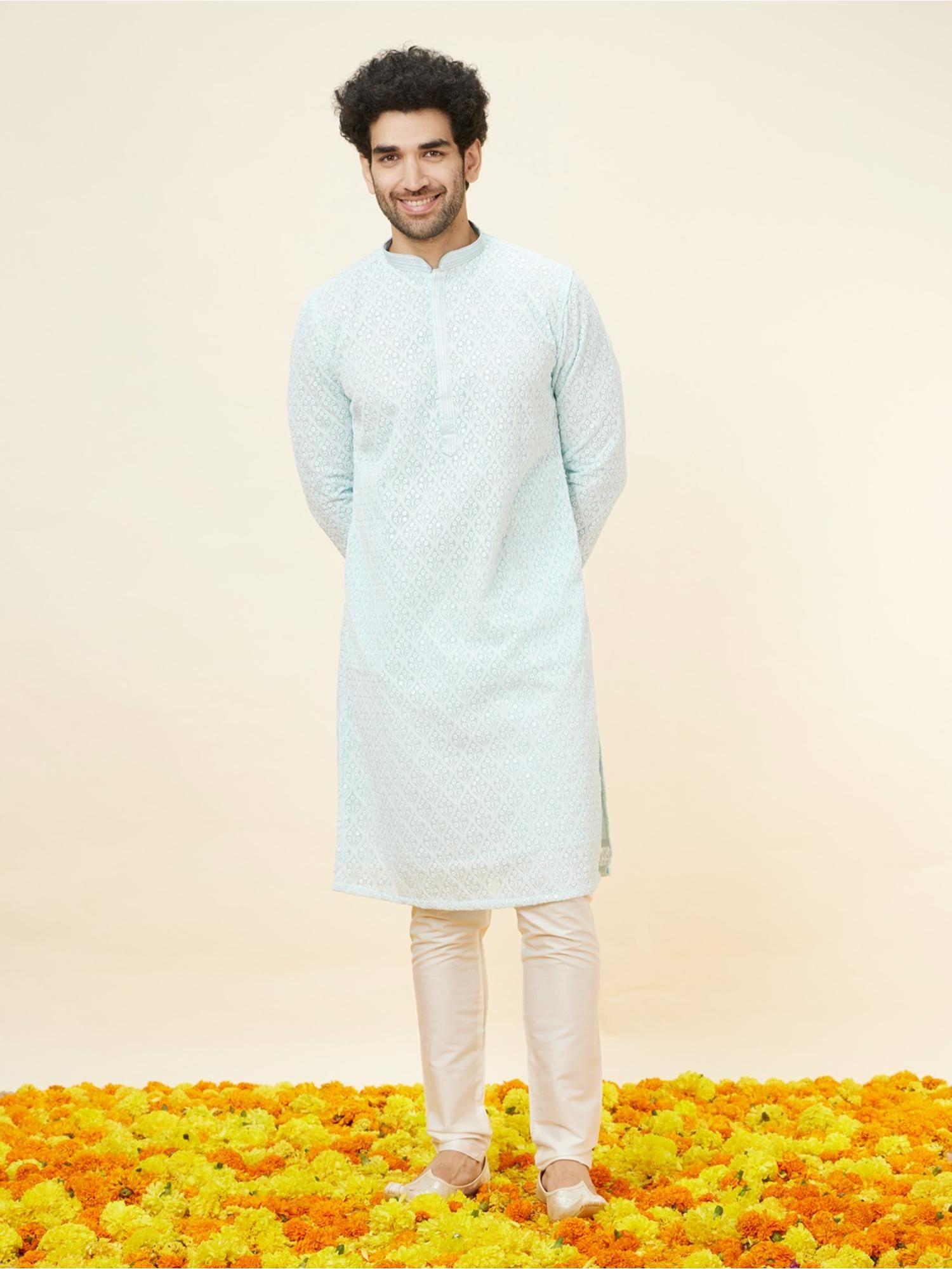 mens blue georgette embroidered kurta pyjama (set of 2)