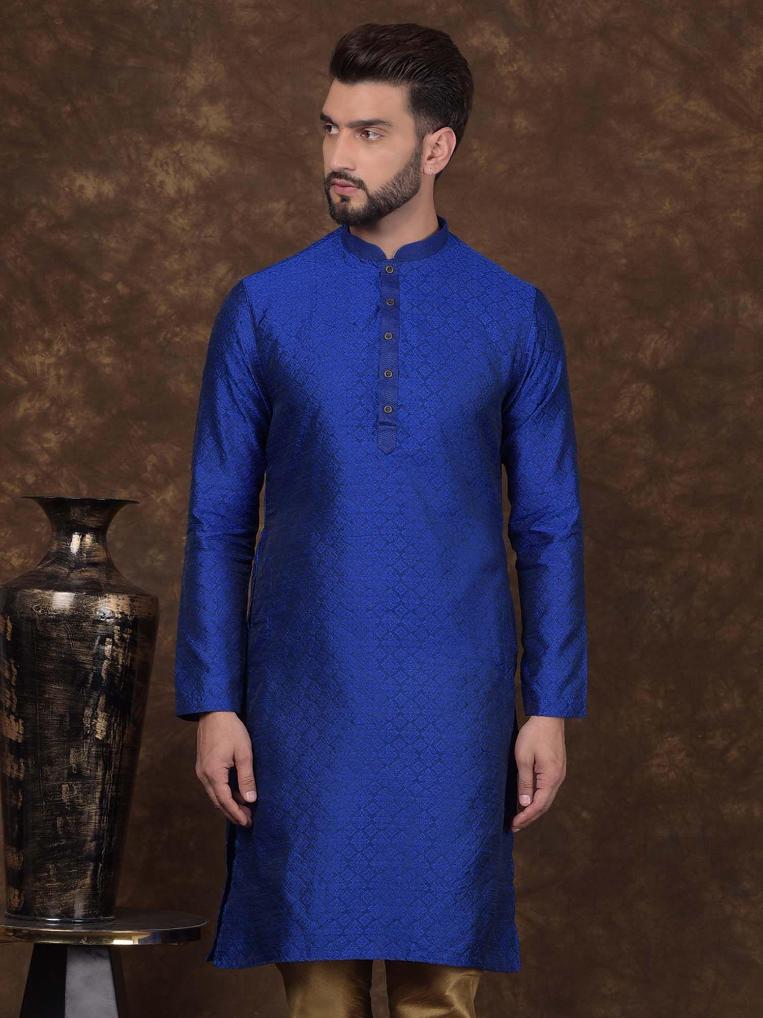 mens blue jacquard silk mandarin collar kurta