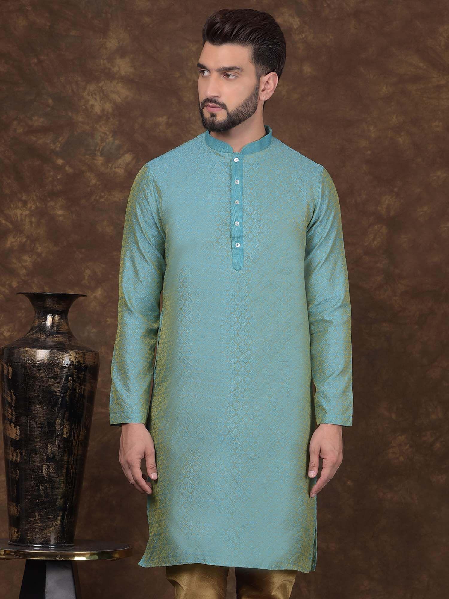 mens blue jacquard silk mandarin collar kurta