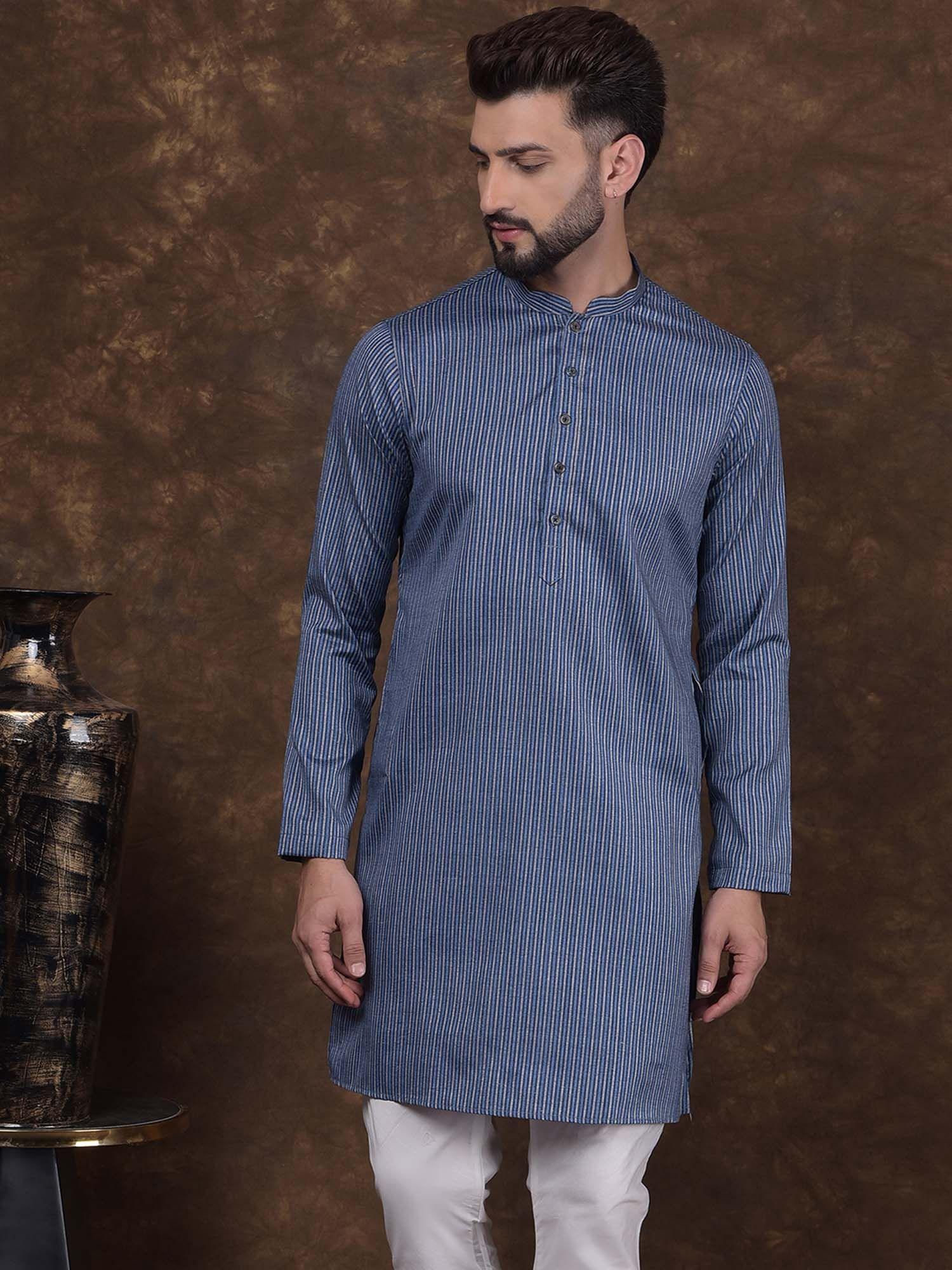 mens blue jacquard silk mandarin collar striped kurta