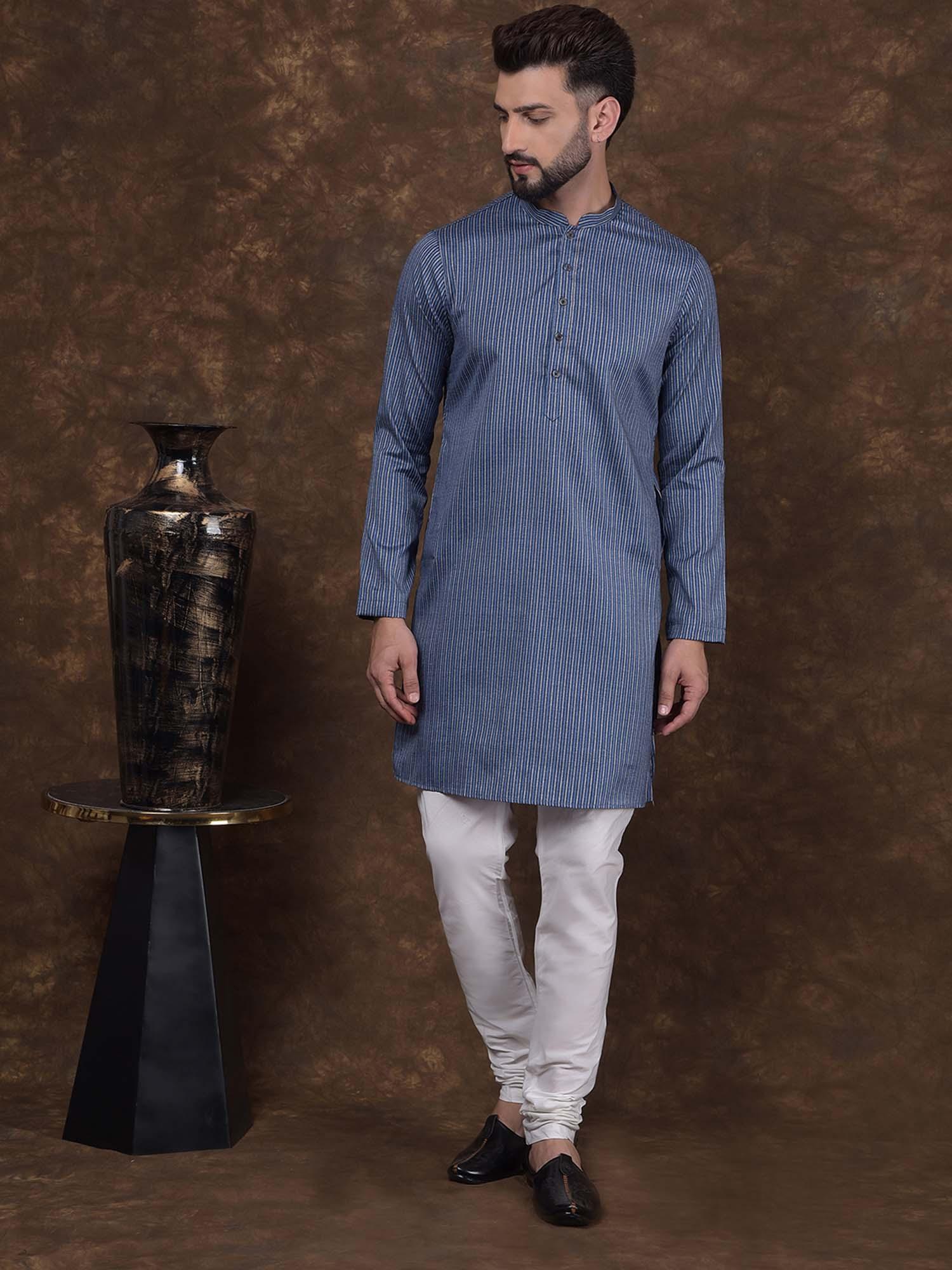 mens blue jacquard silk mandarin collar woven design kurta with churidar (set of 2)