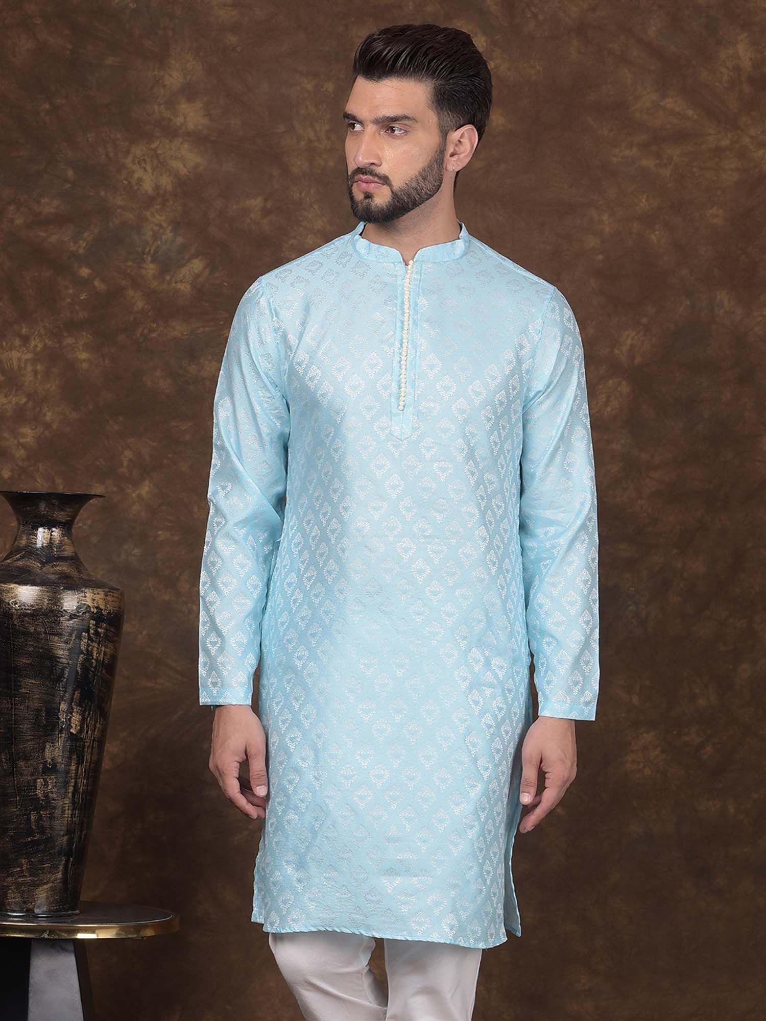 mens blue jacquard silk mandarin collar woven kurta