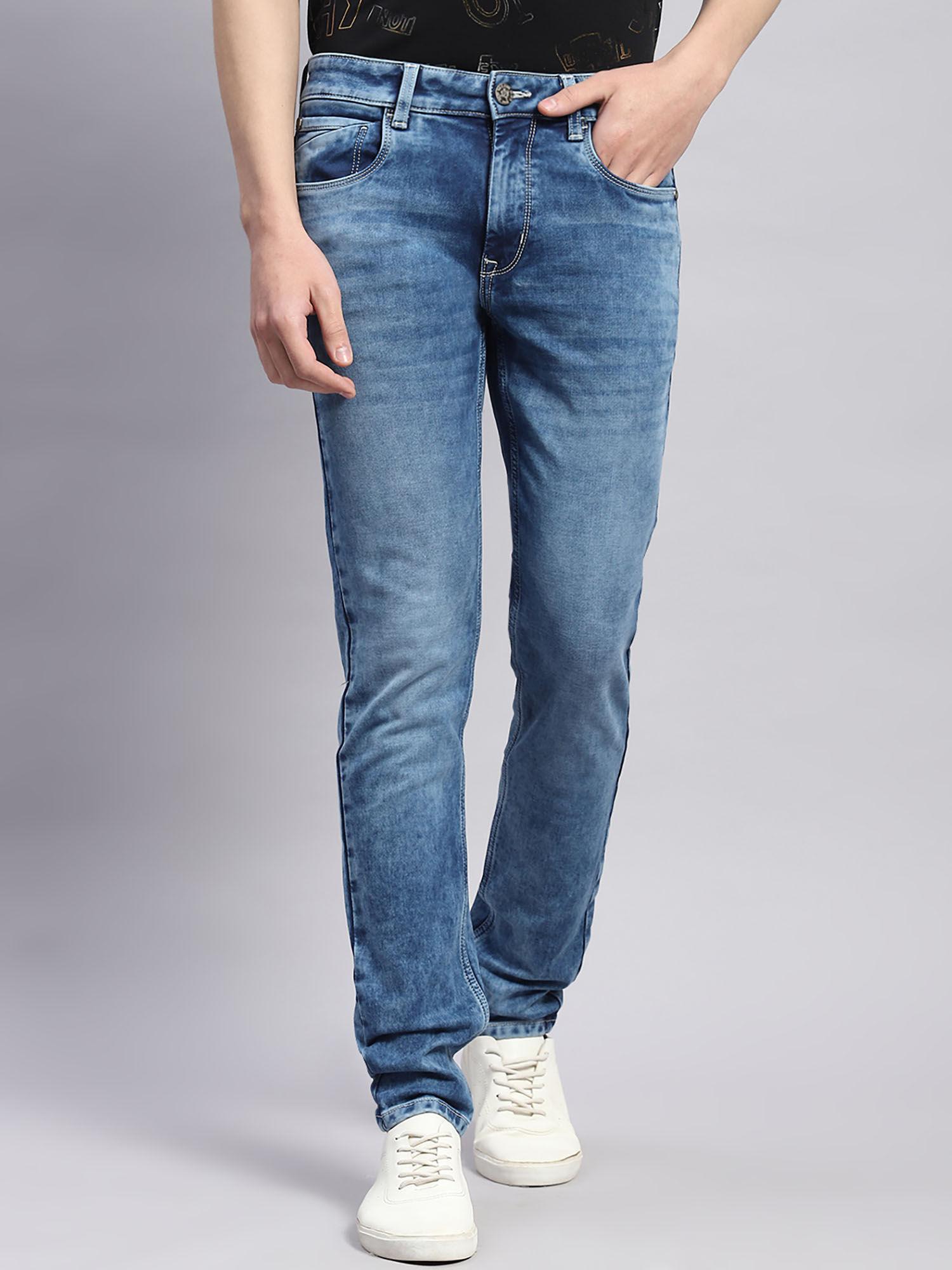 mens blue light wash cotton blend ankle fit casual jeans