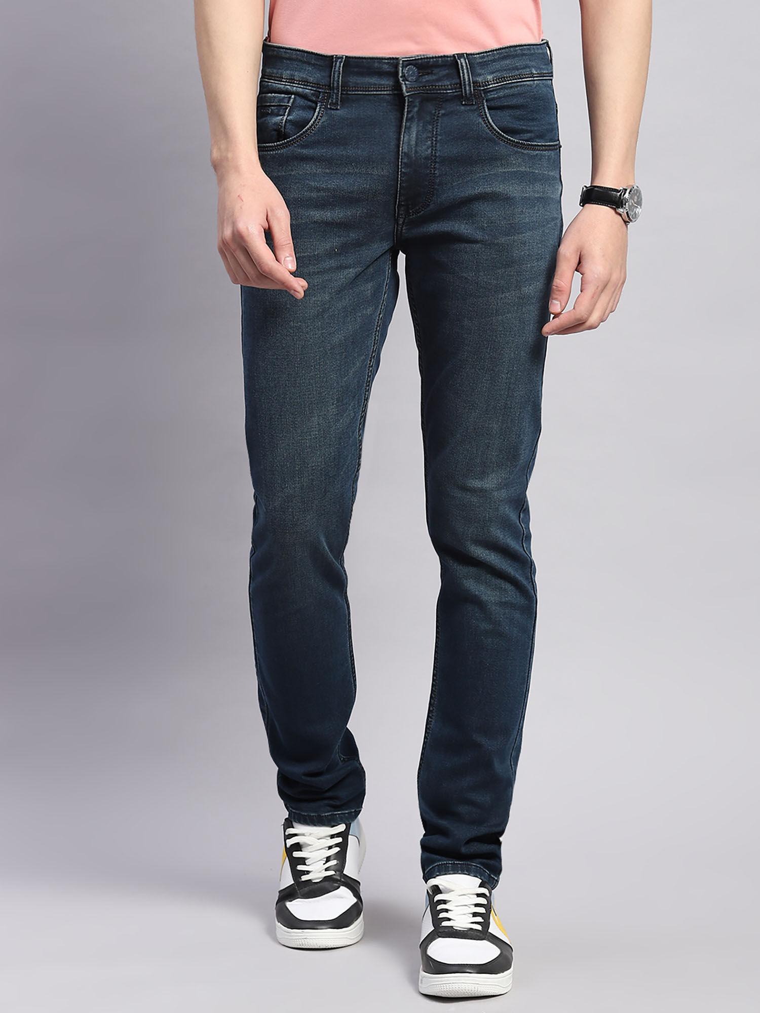 mens blue light wash cotton blend ankle fit casual jeans