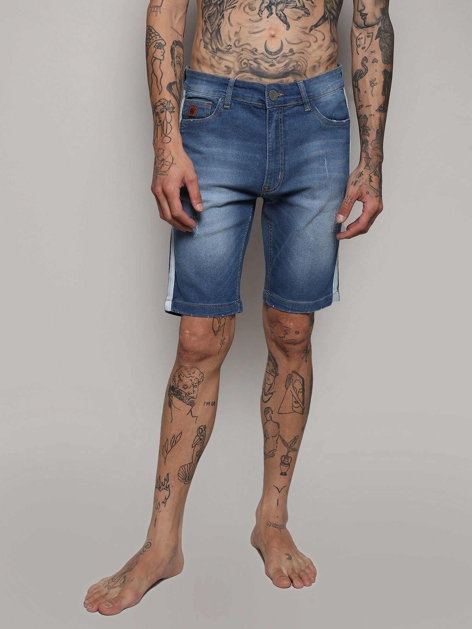 mens blue pencil side striped denim shorts