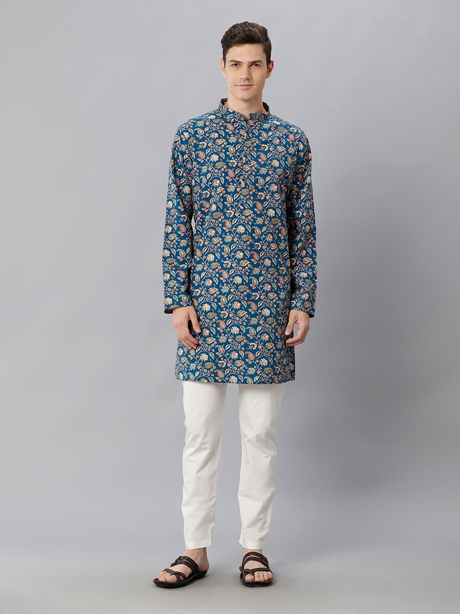 mens blue printed cotton linen kurta