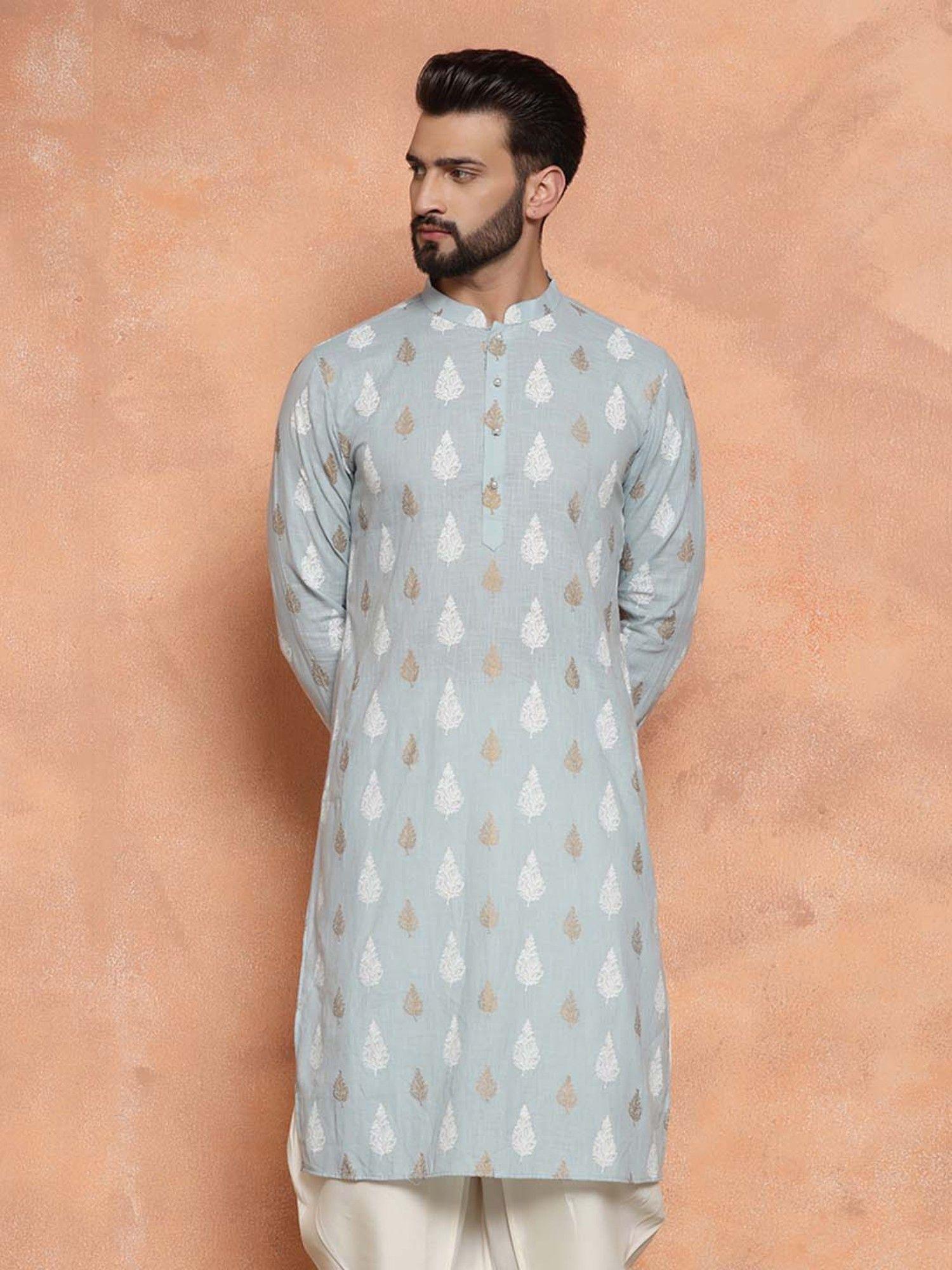 mens blue printed kurta