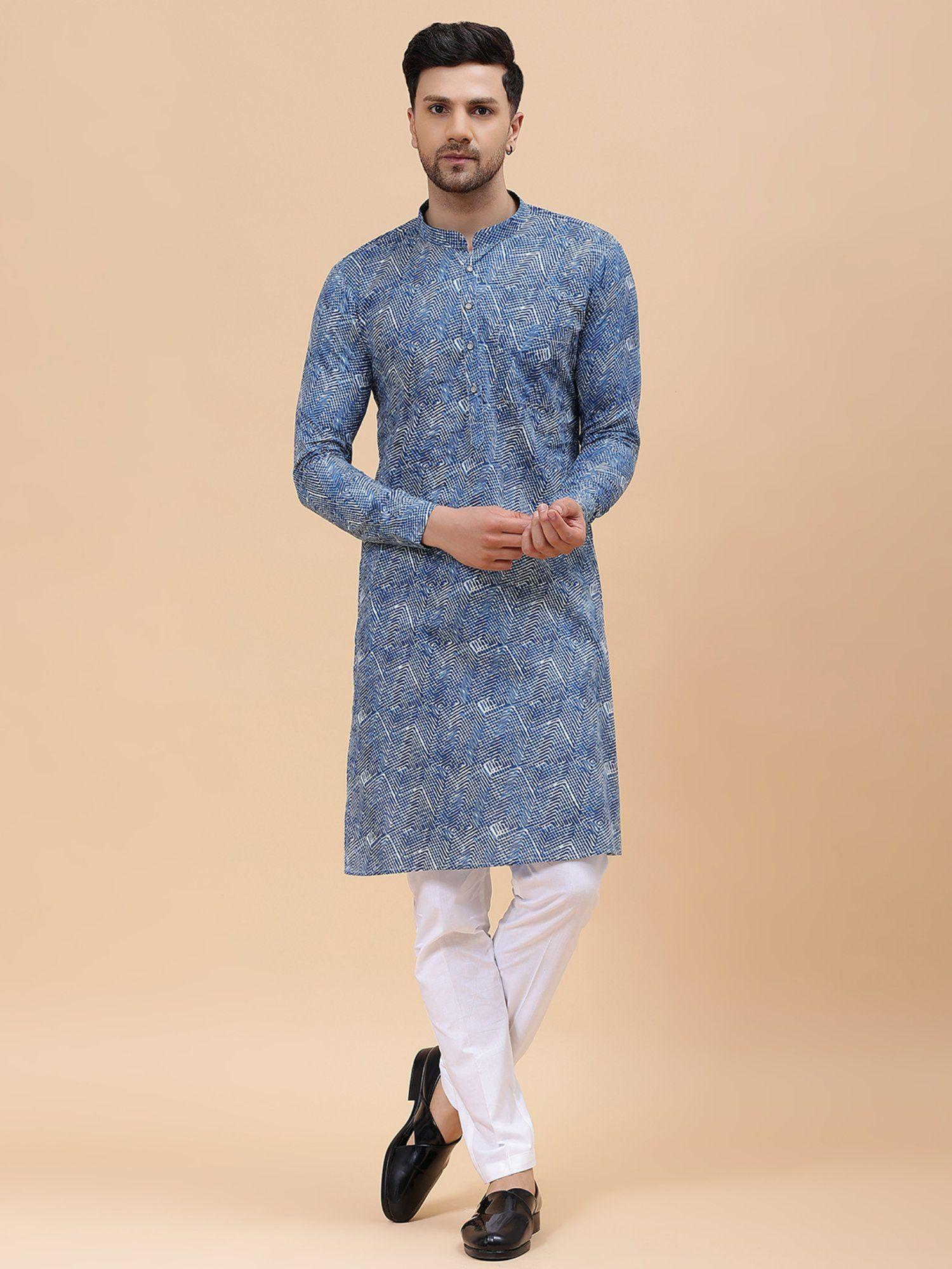 mens blue pure cotton printed straight kurta with pyjama (set of 2)