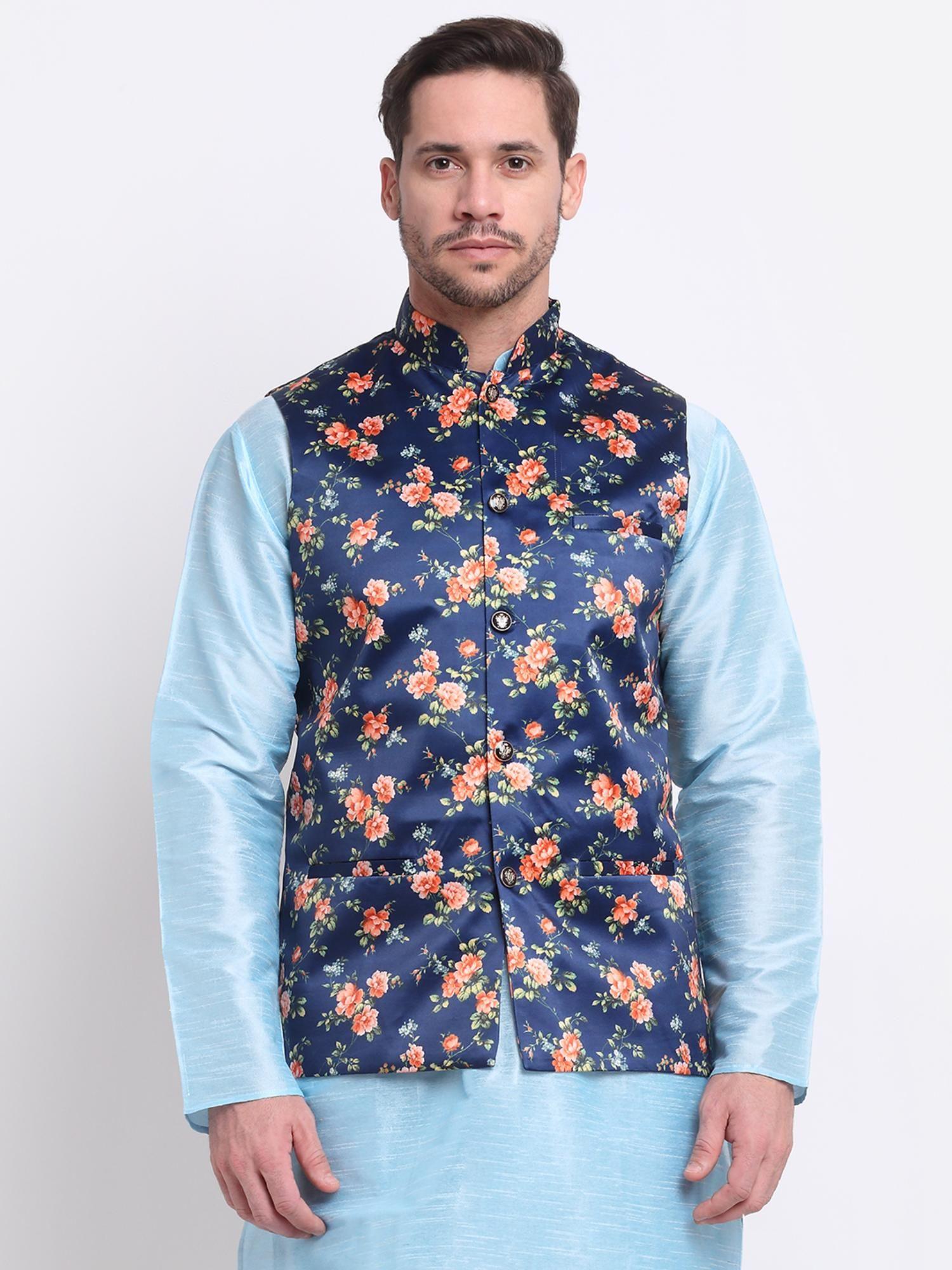 mens blue satin floral nehru jacket