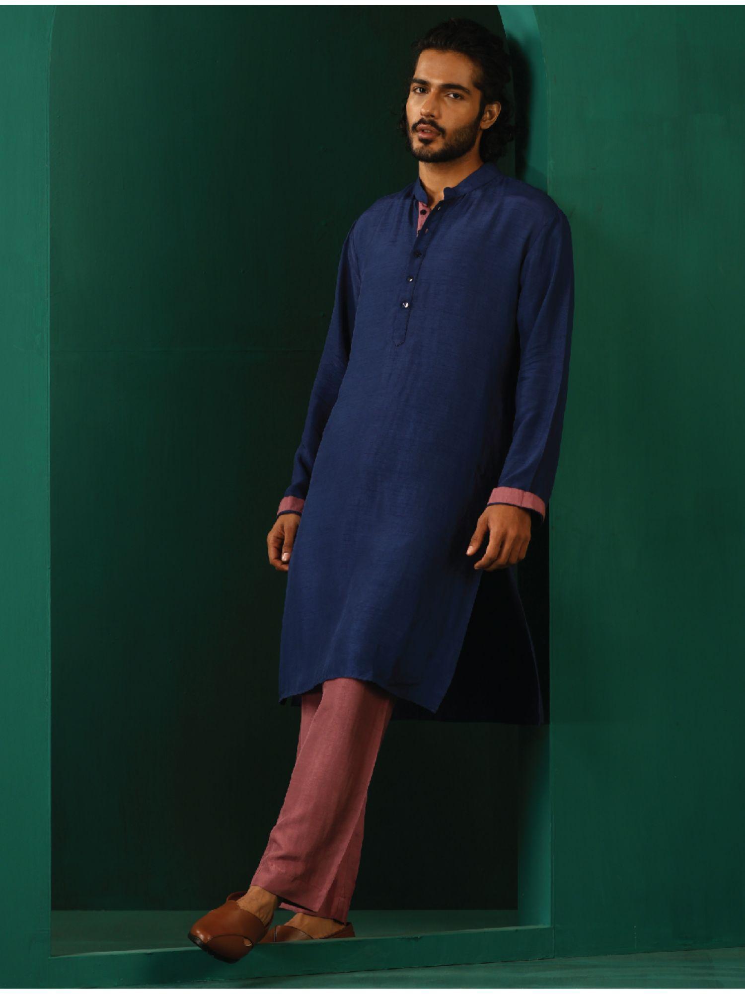 mens blue silk long kurta