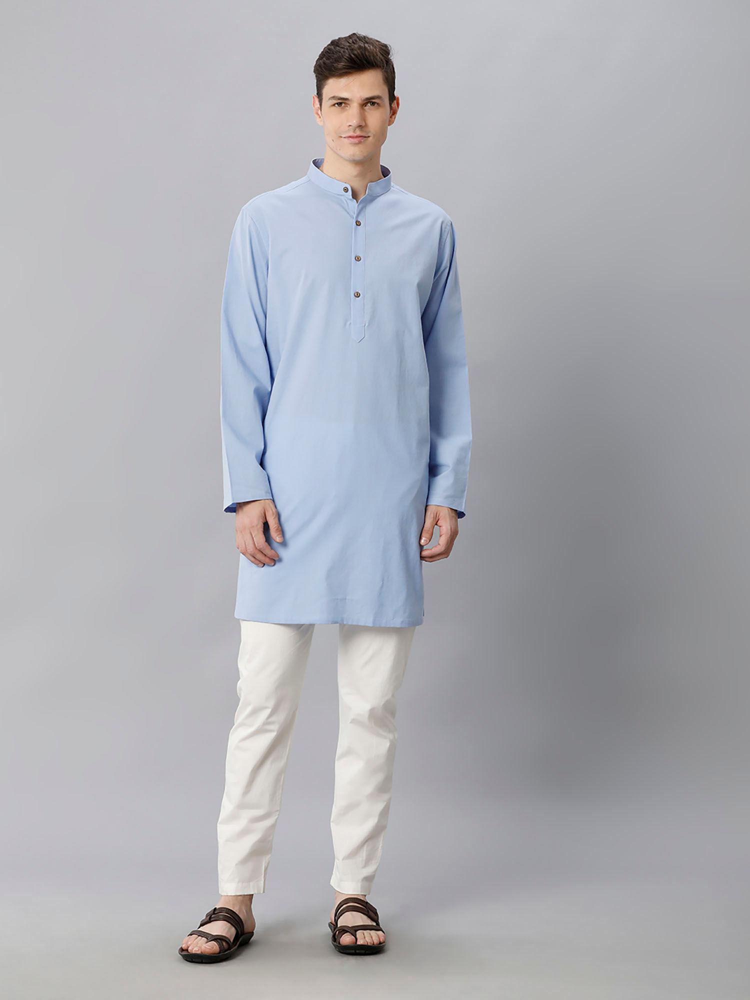 mens blue solid cotton linen kurta