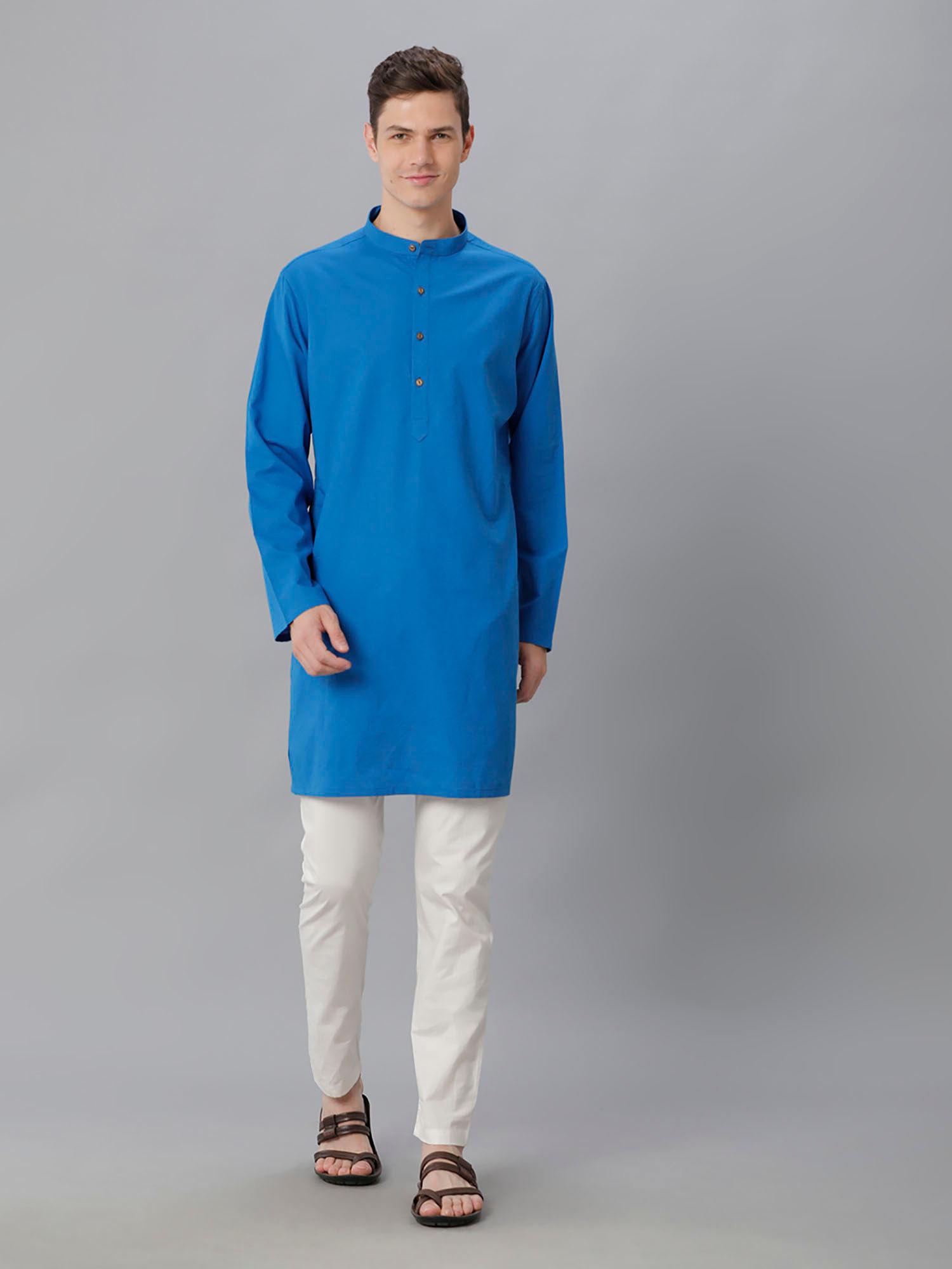 mens blue solid cotton linen kurta