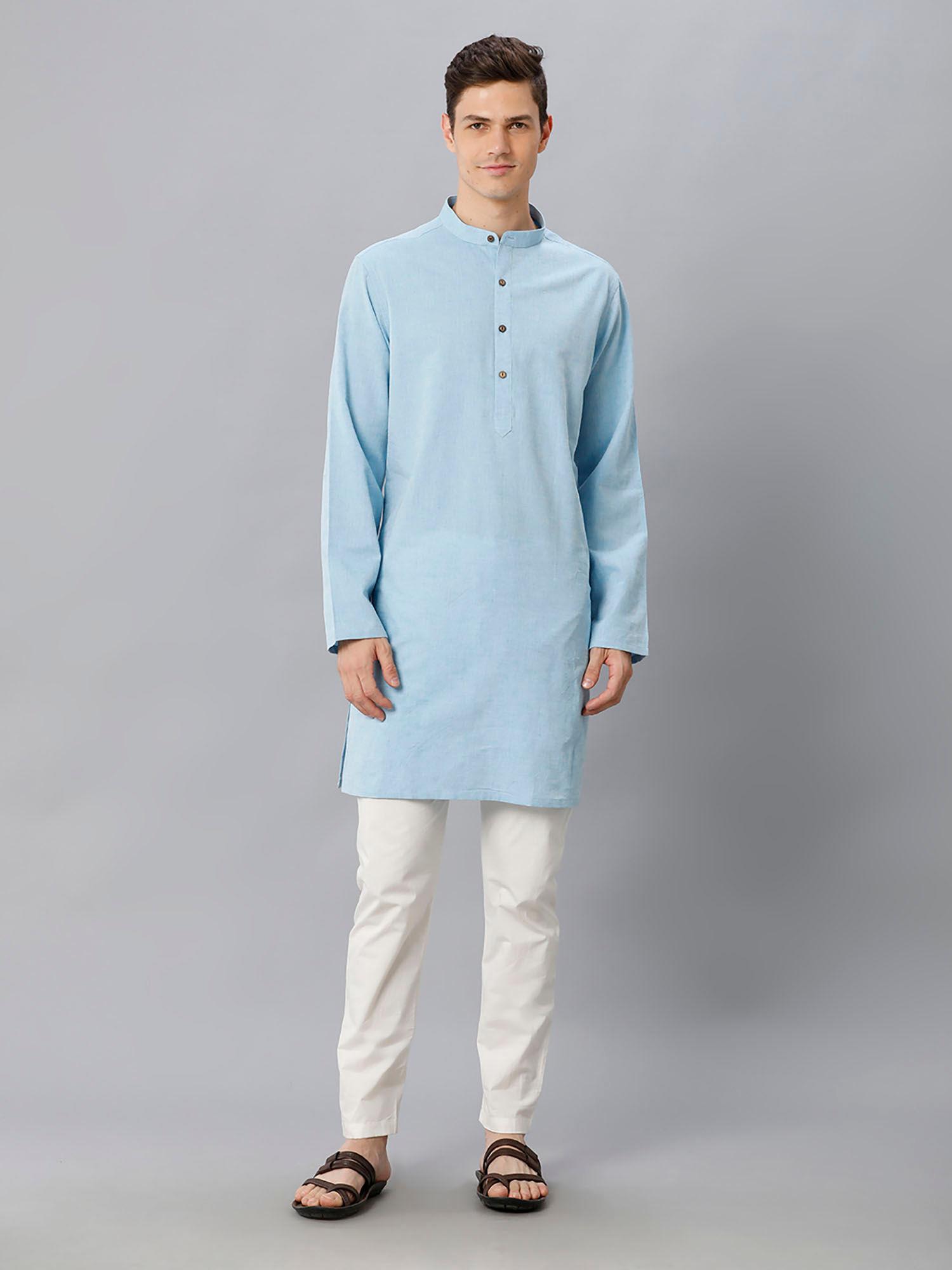 mens blue solid cotton linen kurta