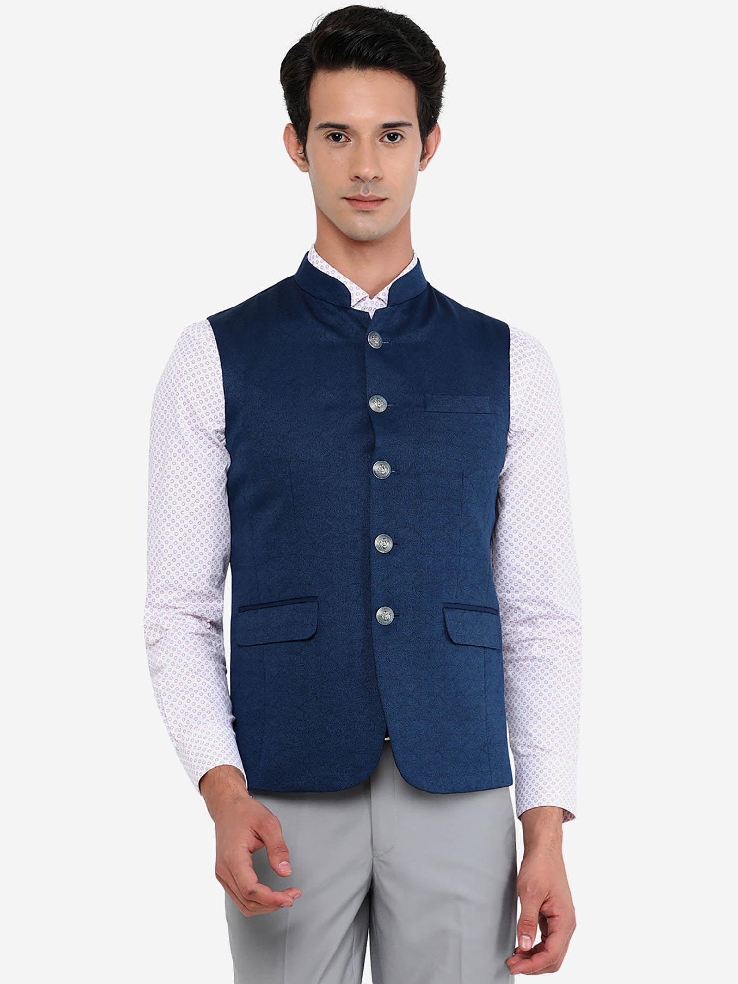 mens blue terry wool solid regular fit waist coat (bandhgala jacket)