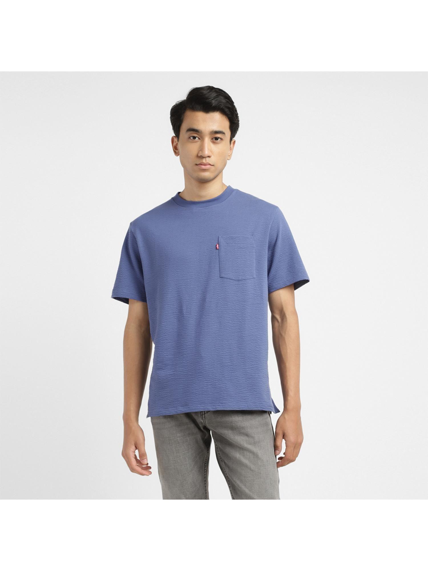 mens blue textured round neck t-shirt