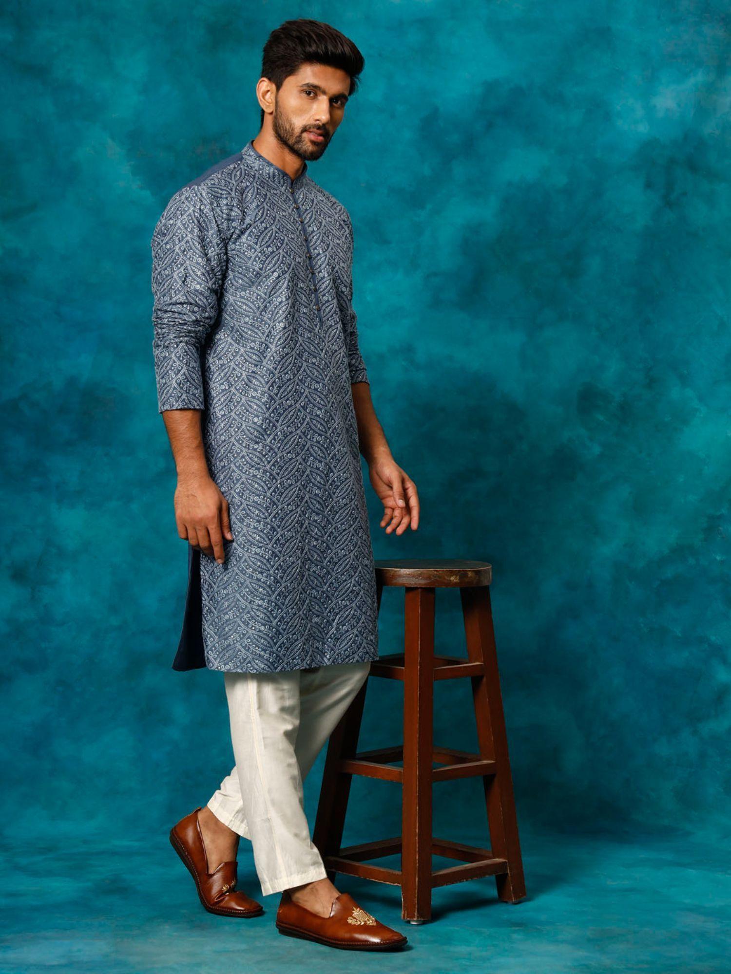 mens blue with cream rayon cotton kurta and pyjama (set of 2)