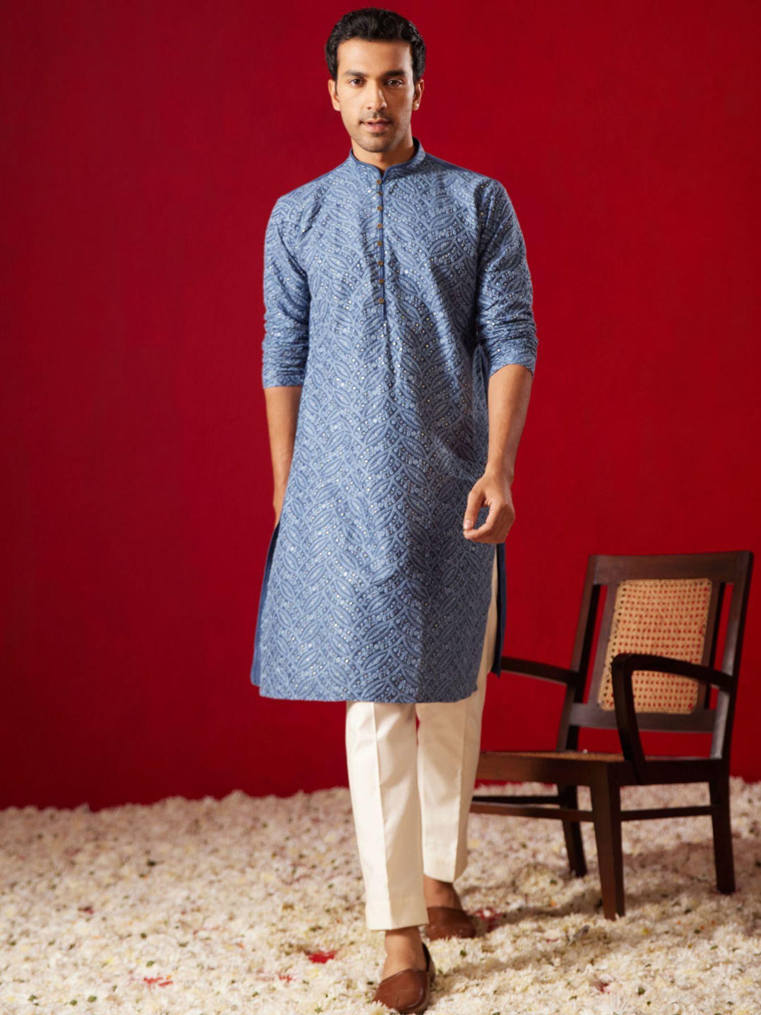 mens blue with cream rayon cotton kurta and pyjama (set of 2)