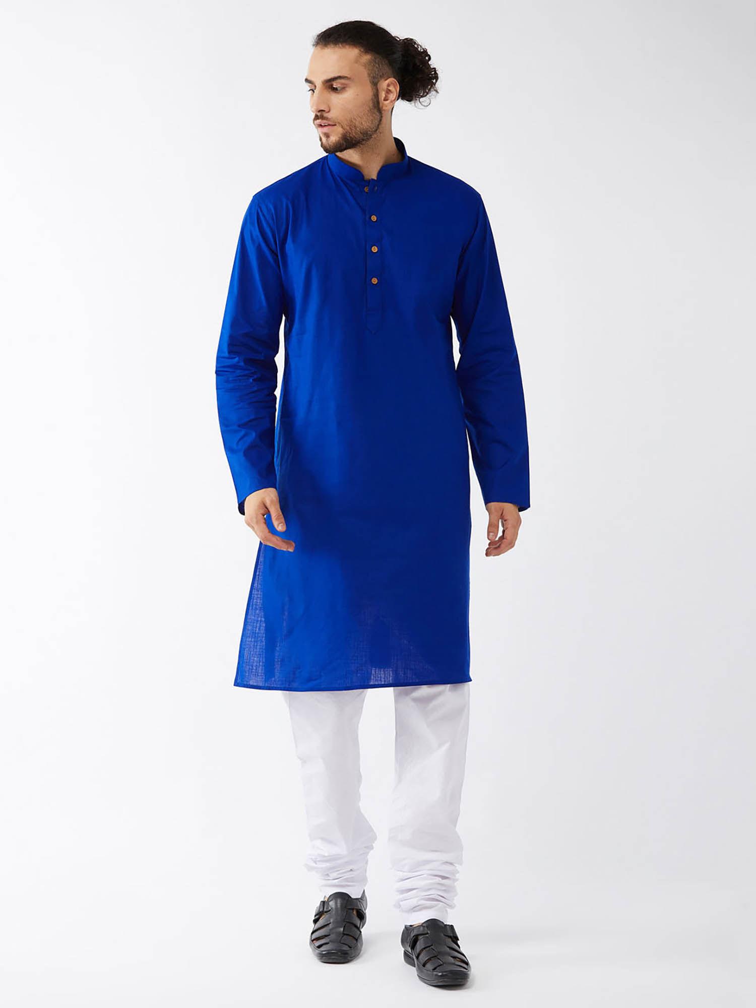 mens blue with white cotton linen kurta and pyjama (set of 2)