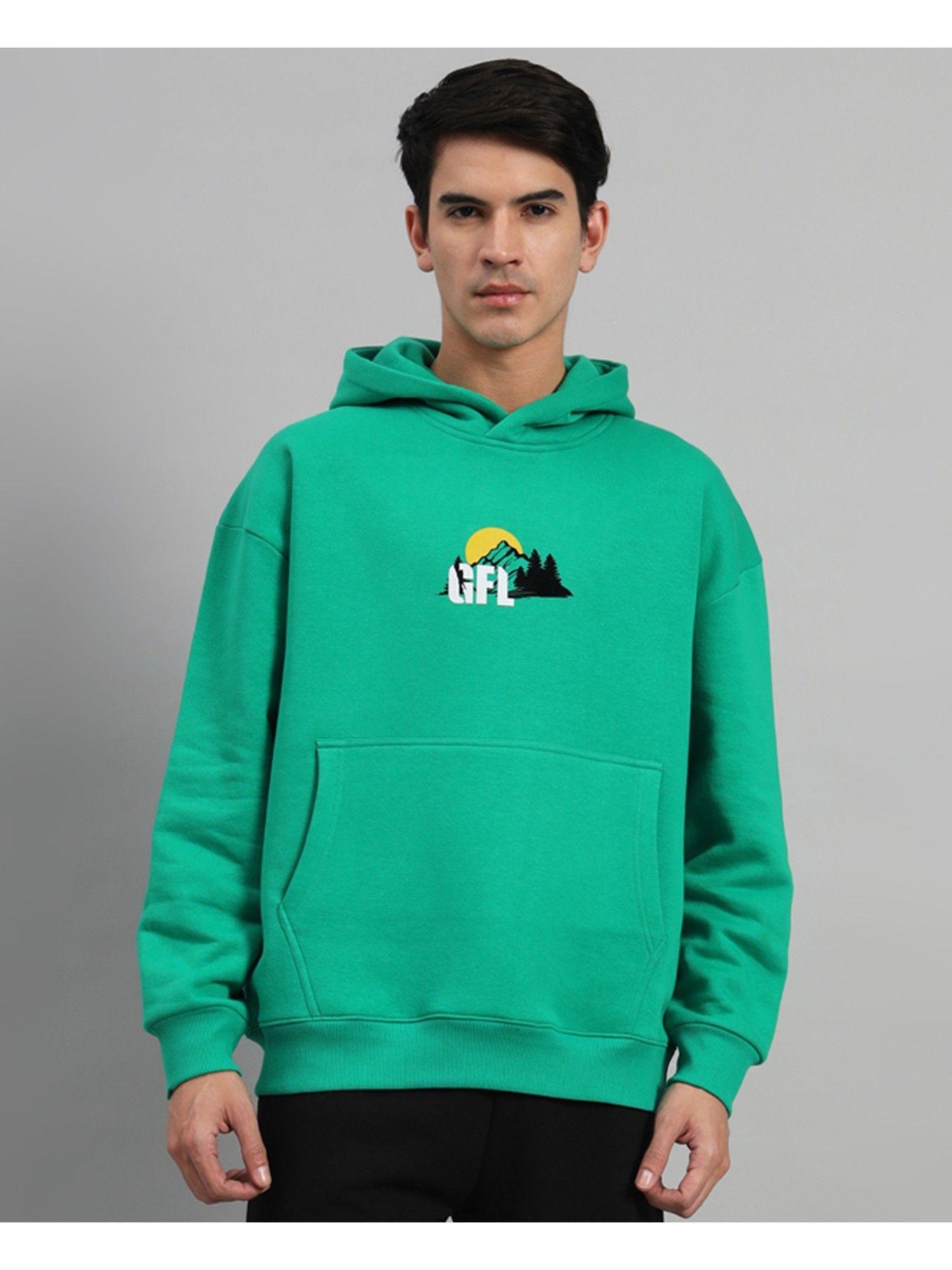 mens bottle green front logo oversized back print fleece hoodie sweatshirt