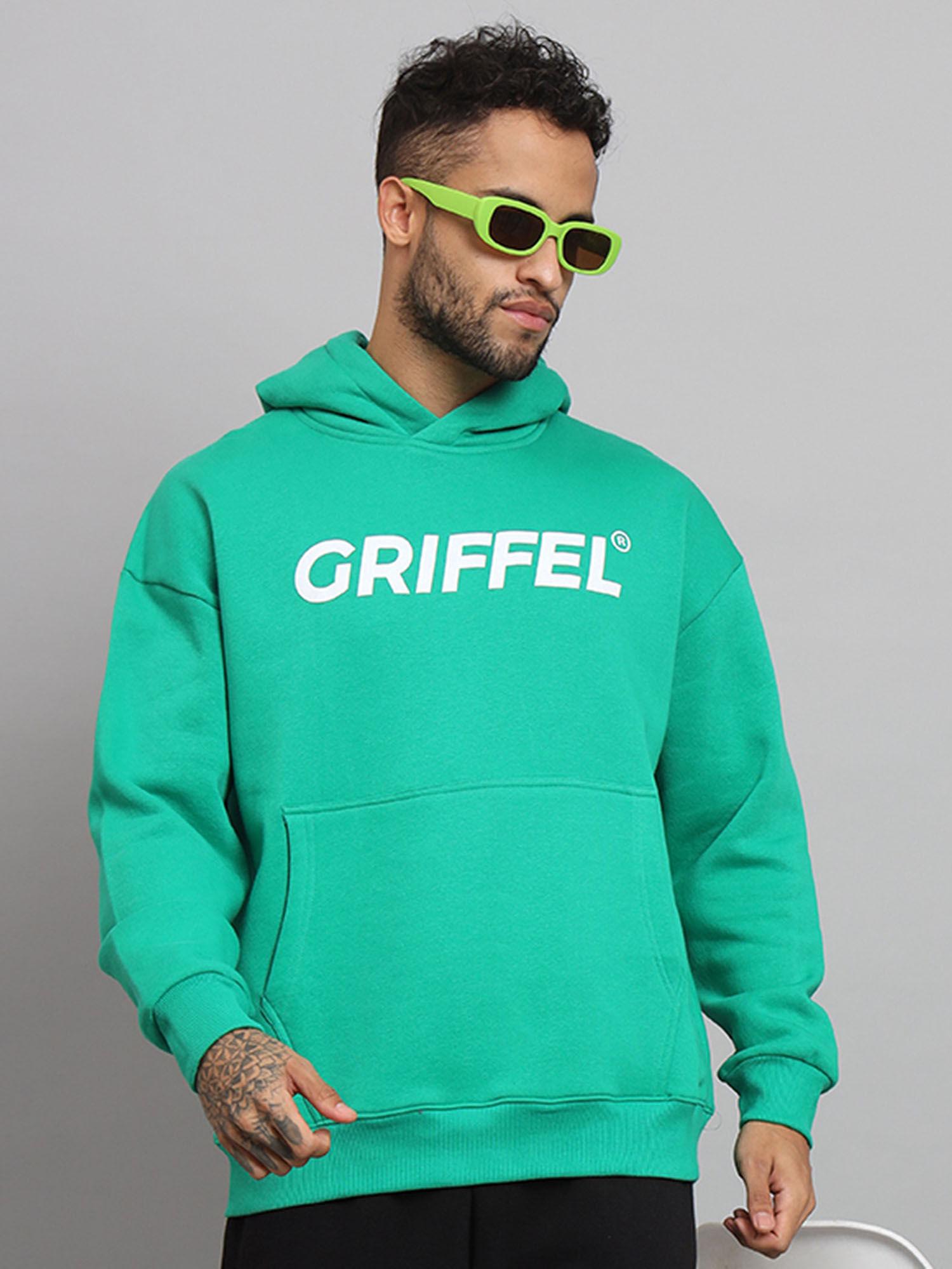 mens bottle green front logo oversized fleece hoodie sweatshirt