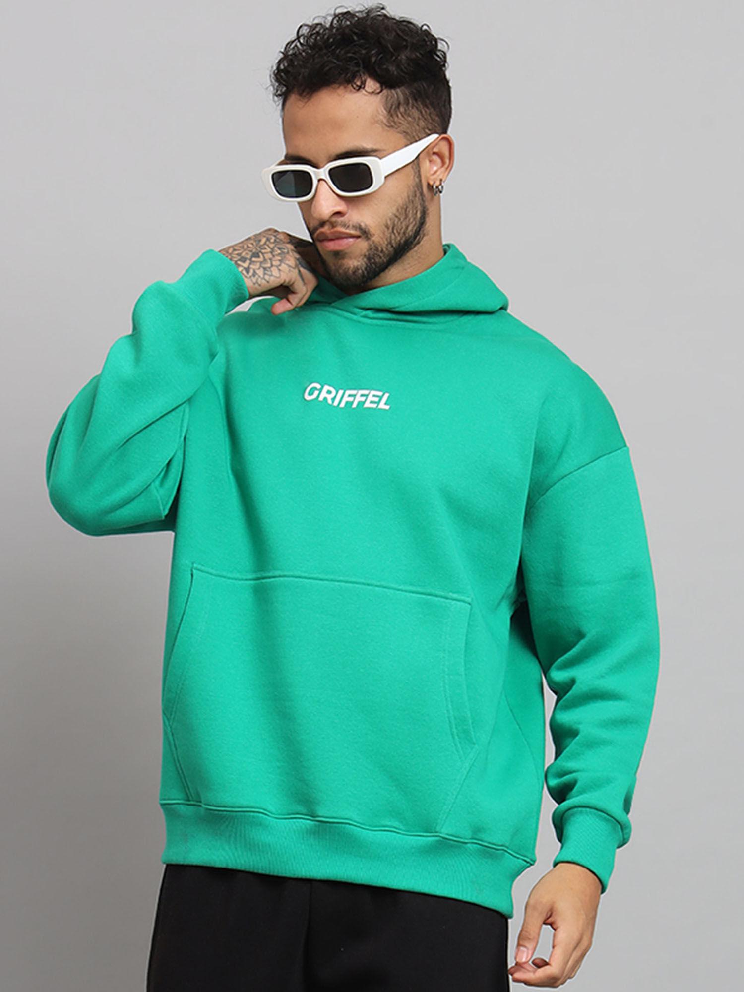 mens bottle green front logo oversized fleece hoodie sweatshirt