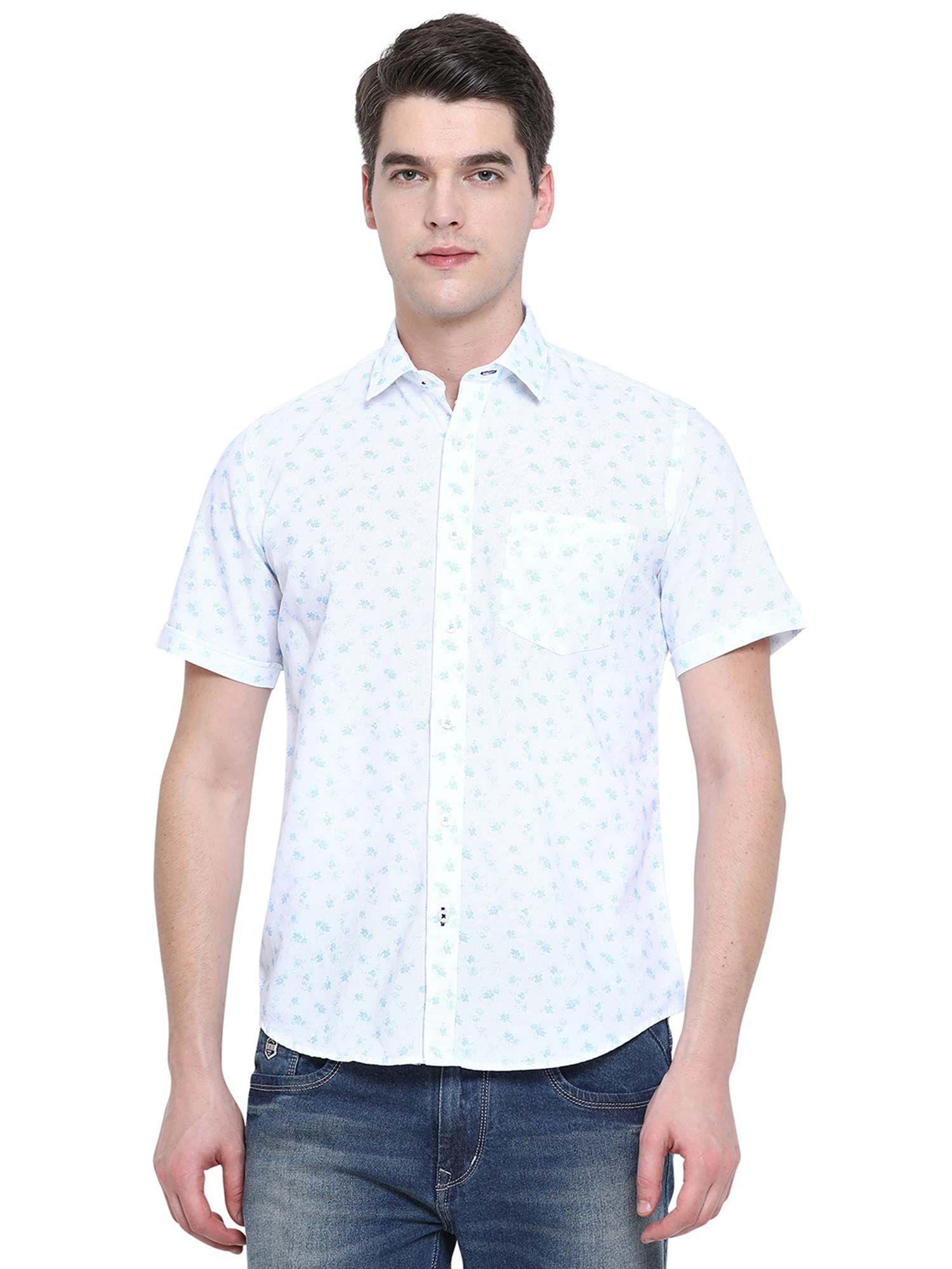 mens bright white cotton slim fit printed half sleeve casual shirt