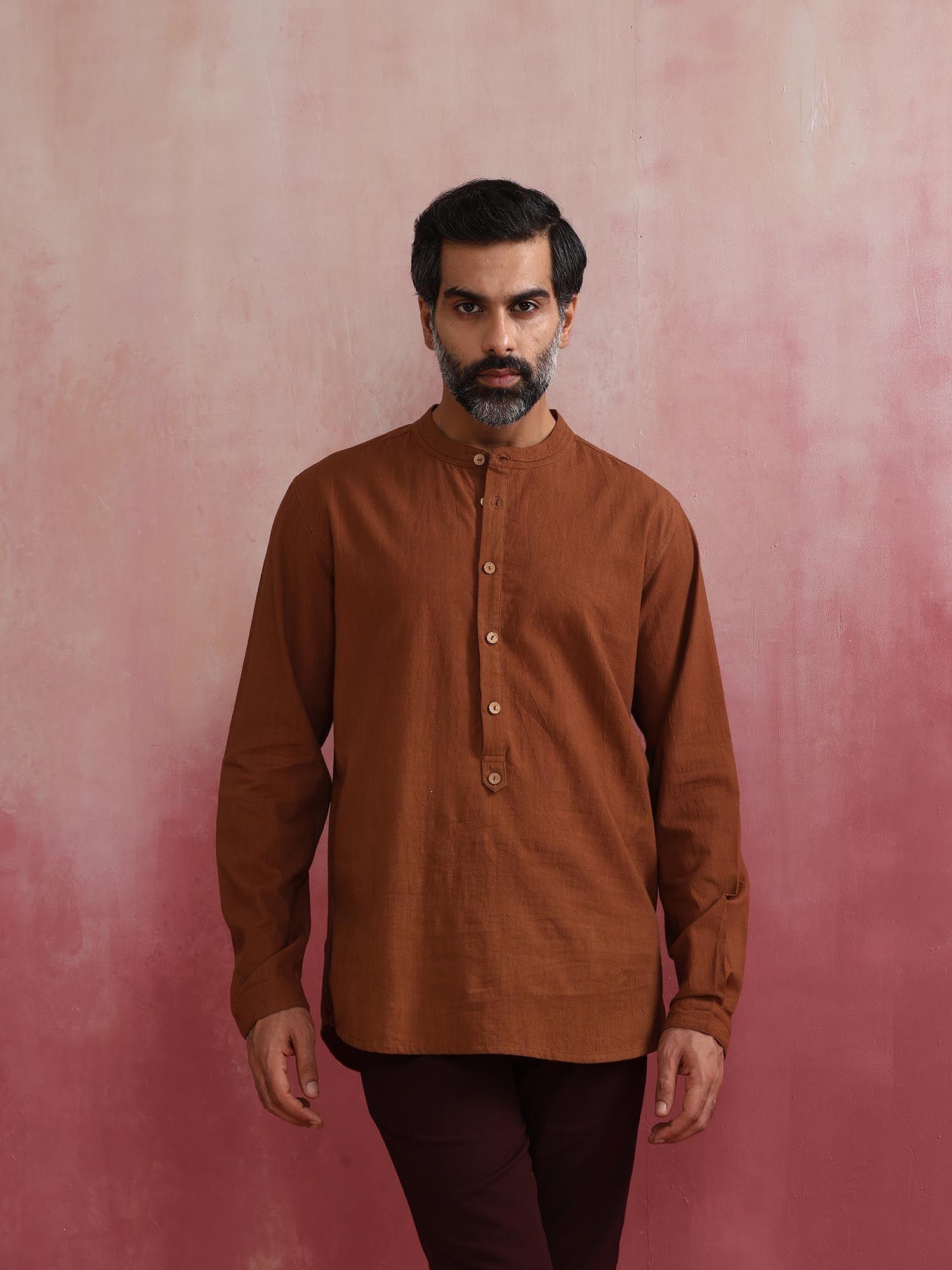 mens brown cotton mandarin collar stylized kurta