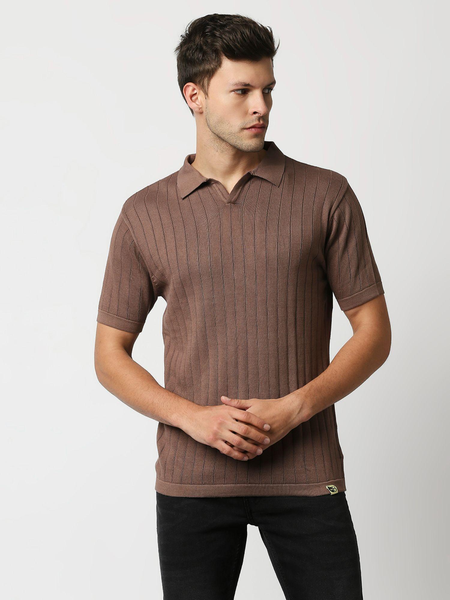 mens brown flat knit short sleeves slim fit polo tshirt