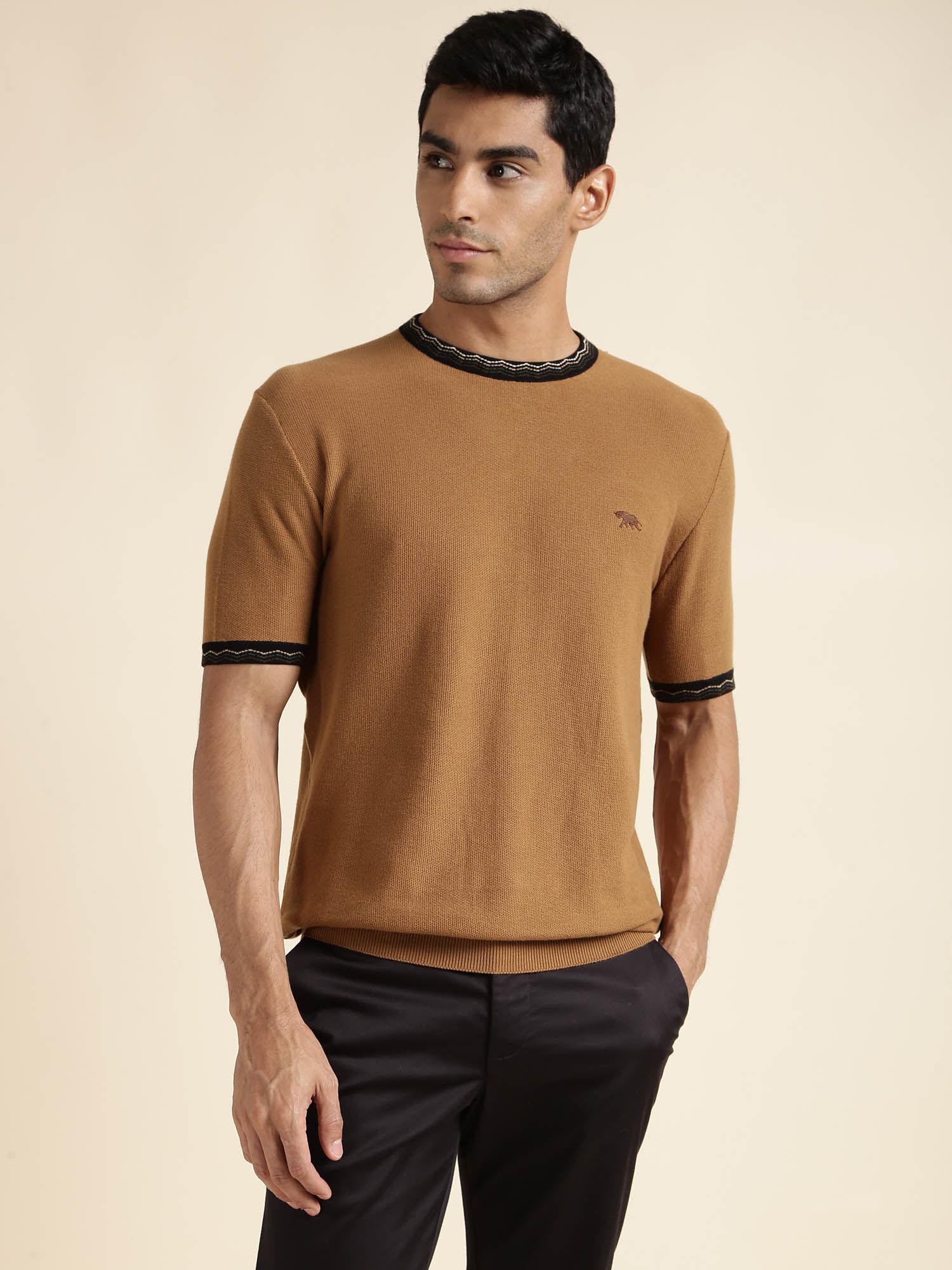 mens brown half sleeves round neck regular fit t-shirt