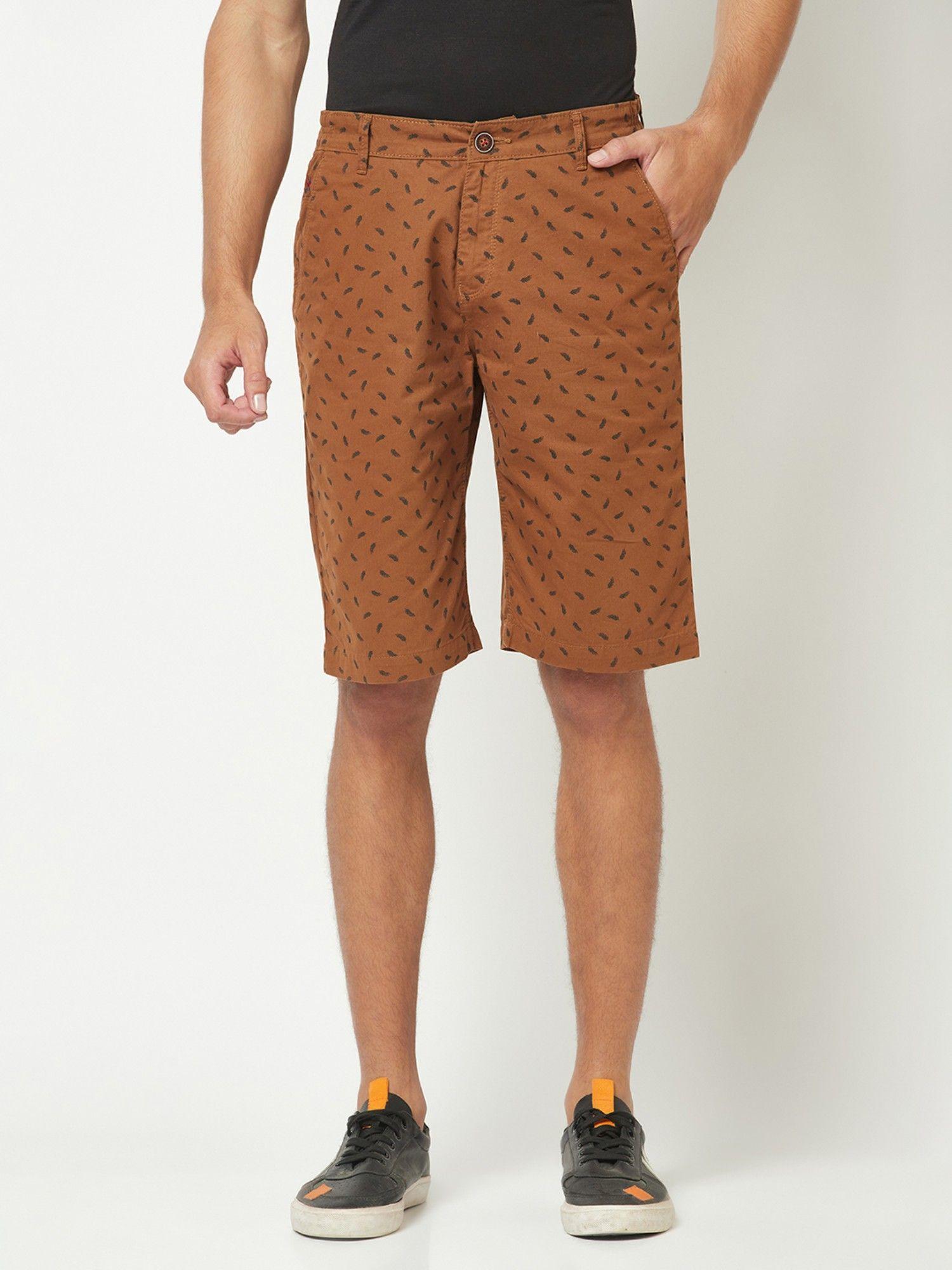 mens brown leaf-printed shorts