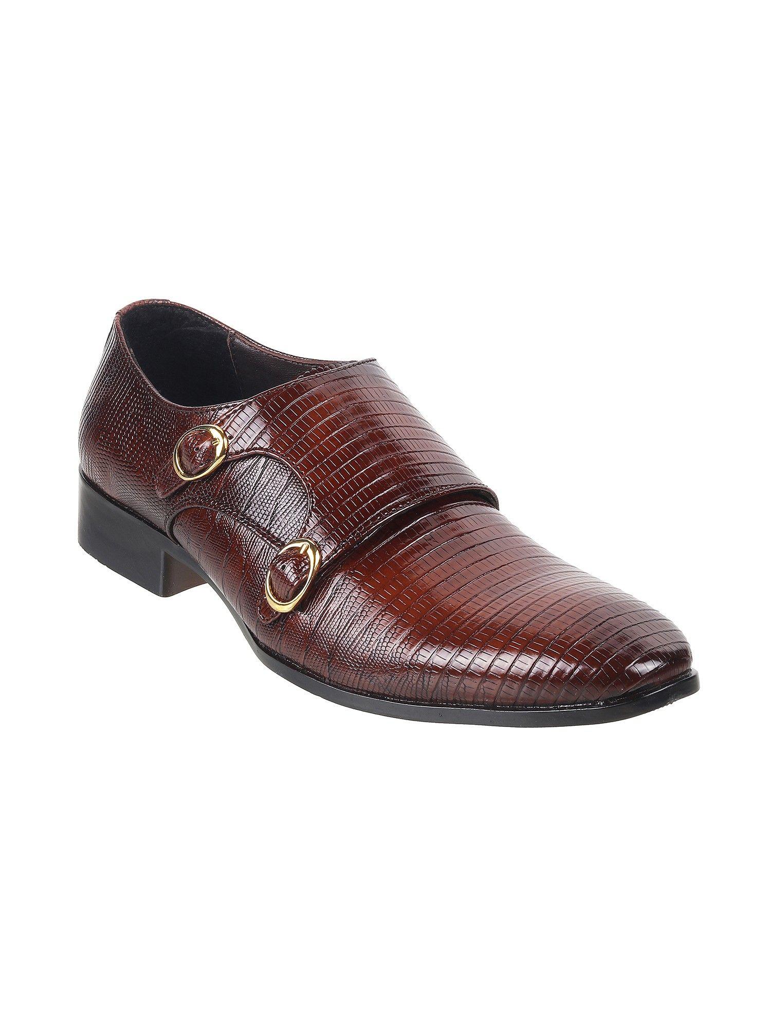 mens brown leather textured monk straps