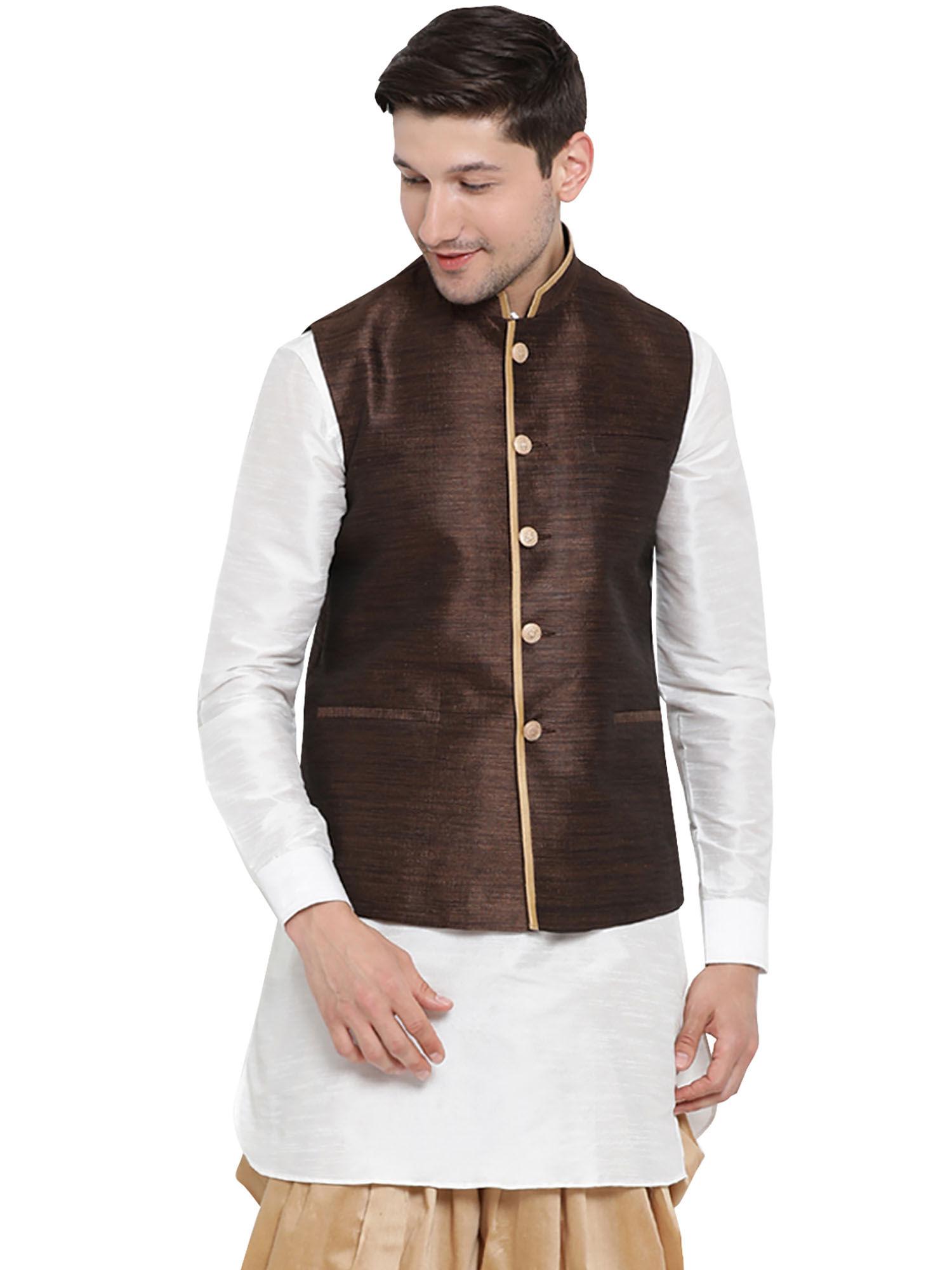 mens brown silk blend nehru jacket