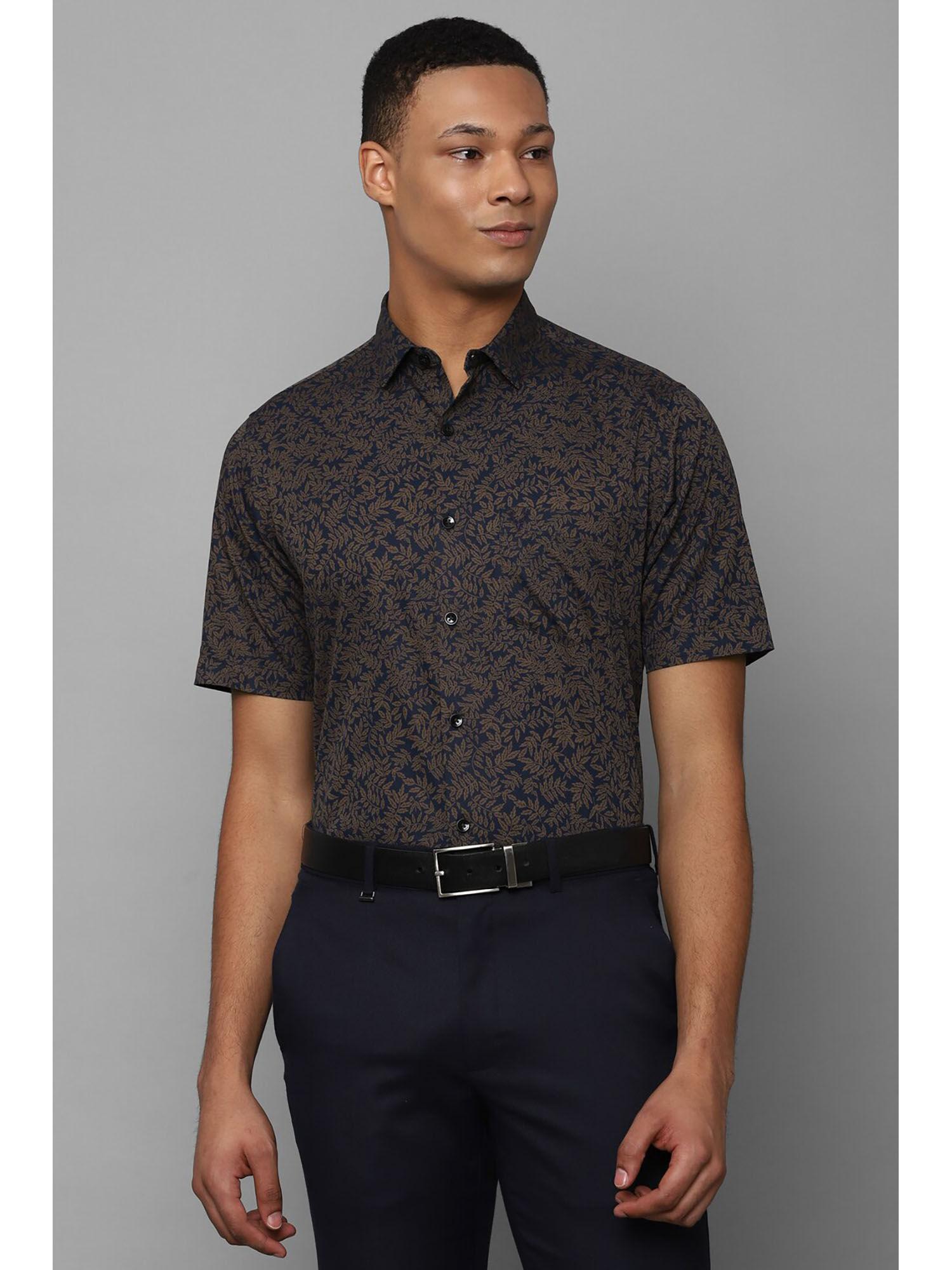 mens brown slim fit print half sleeves formal shirt