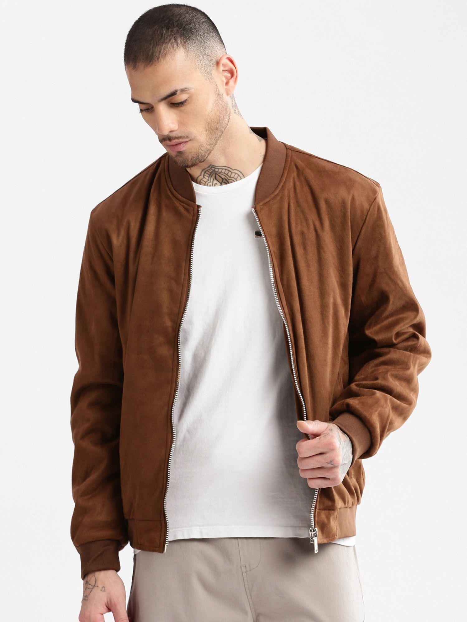 mens brown solid bomber jacket