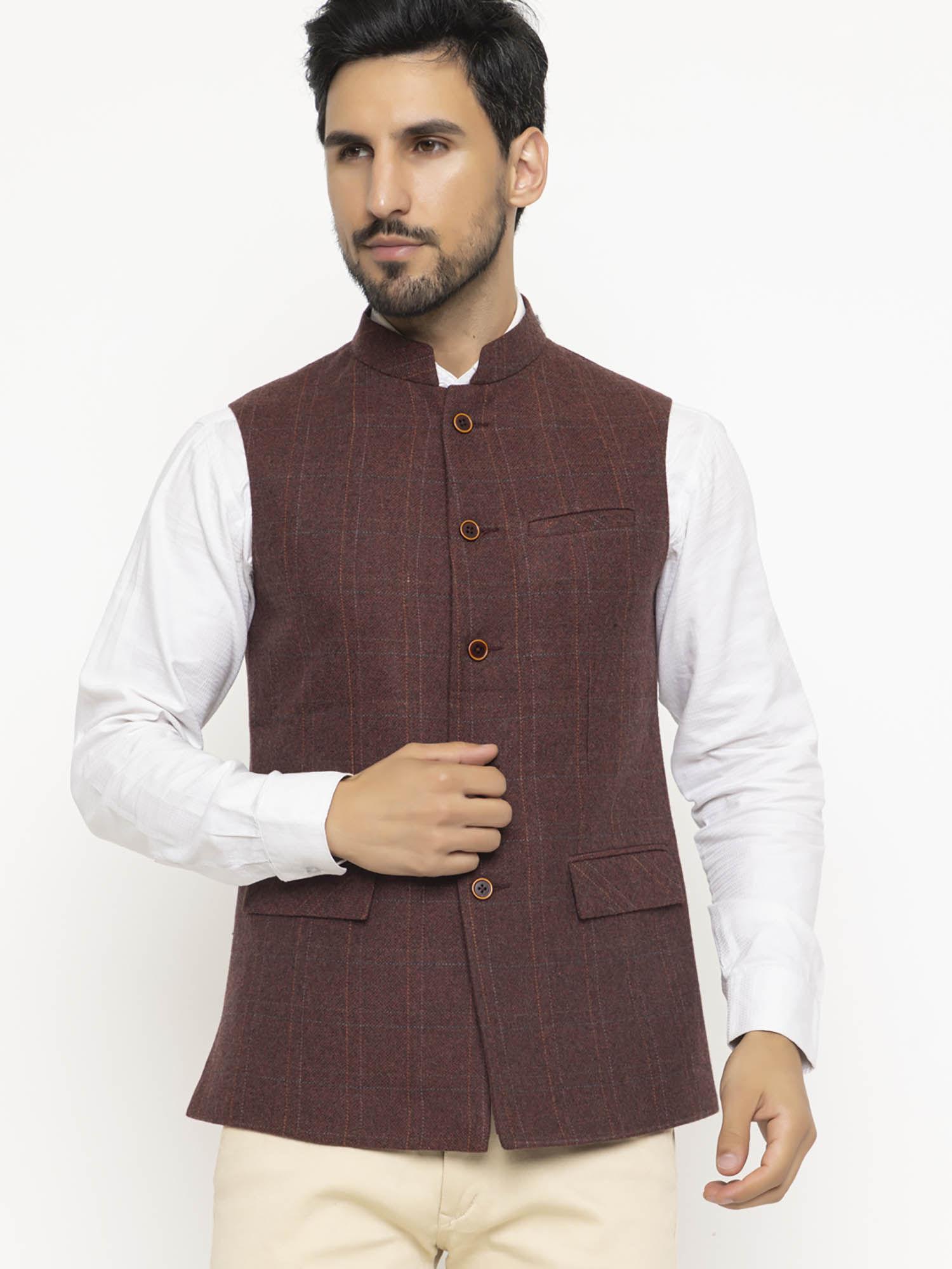 mens brown solid nehru jacket