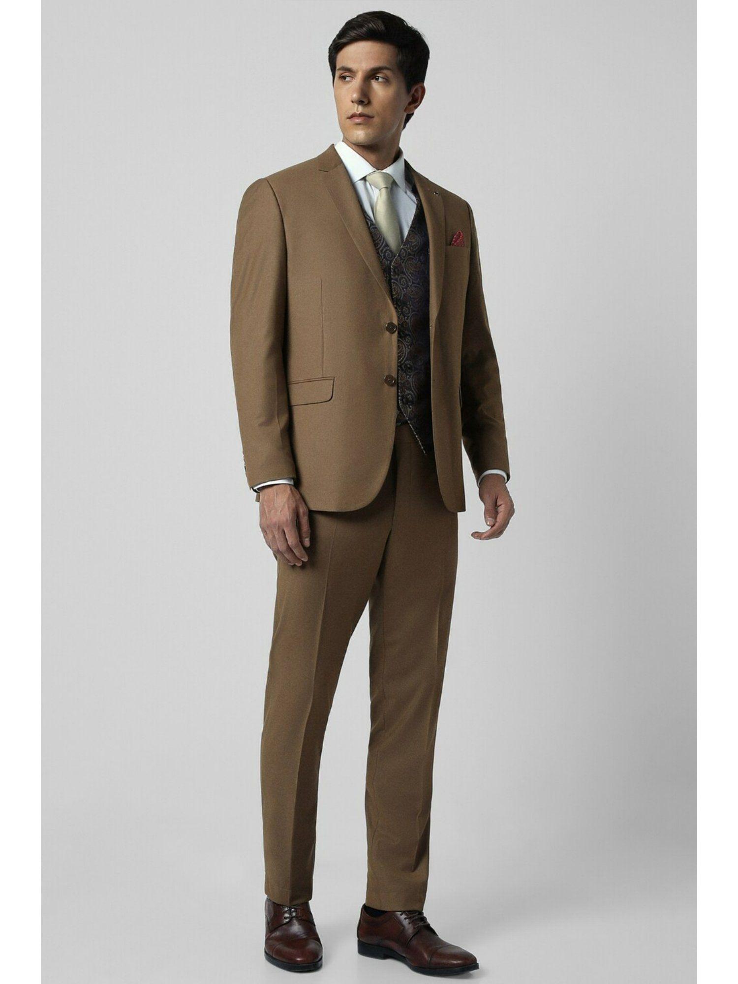 mens brown solid slim fit wedding three piece suit (set of 3)