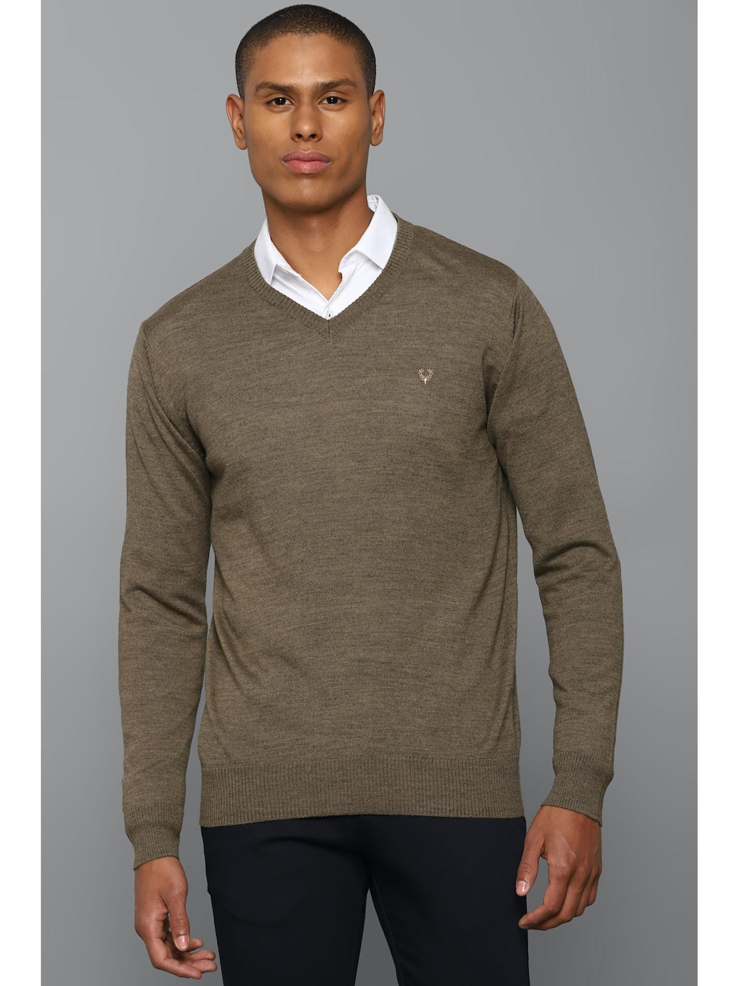 mens brown textured v-neck full sleeves sweater